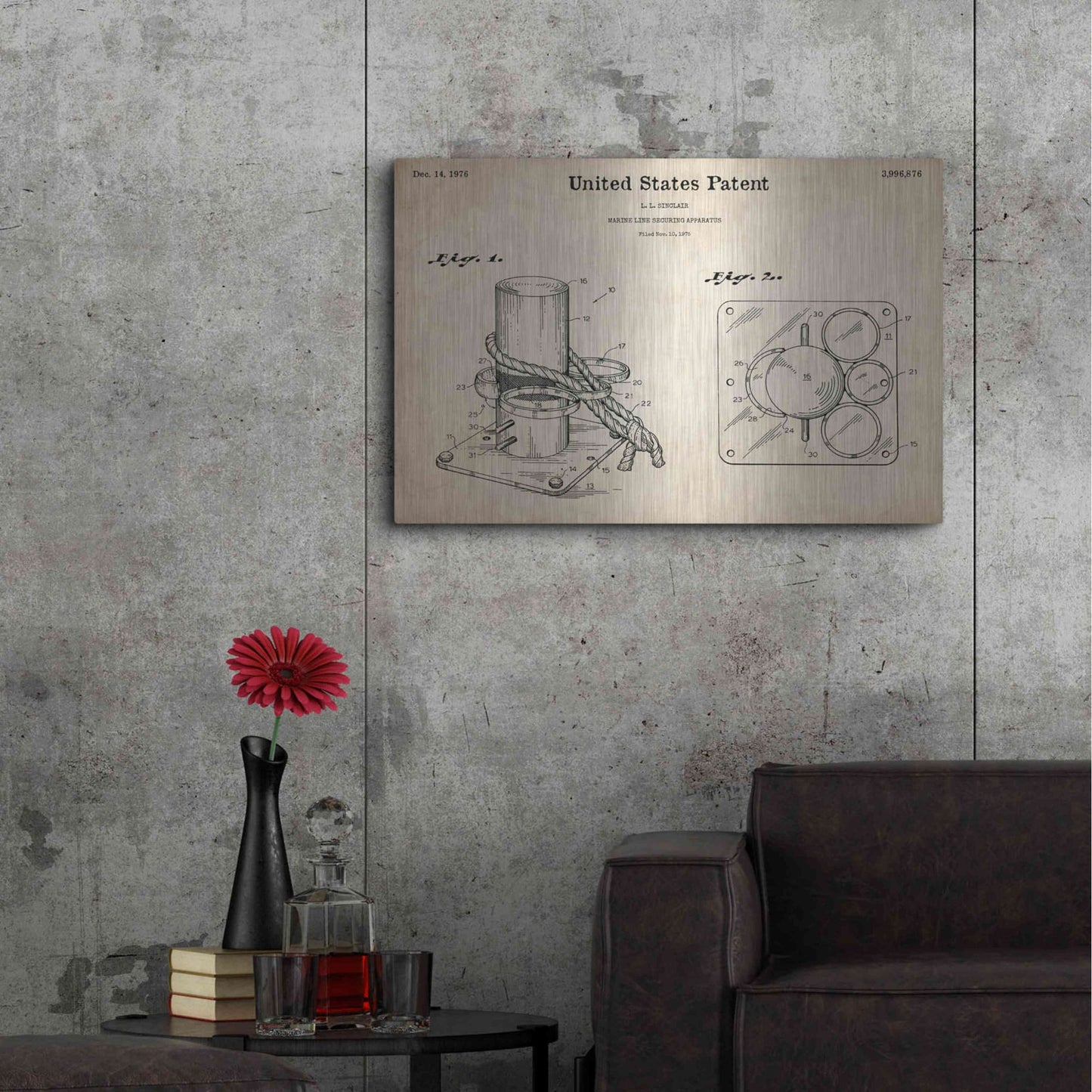 Luxe Metal Art 'Marine Line Secure Device Blueprint Patent Parchment,' Metal Wall Art,36x24