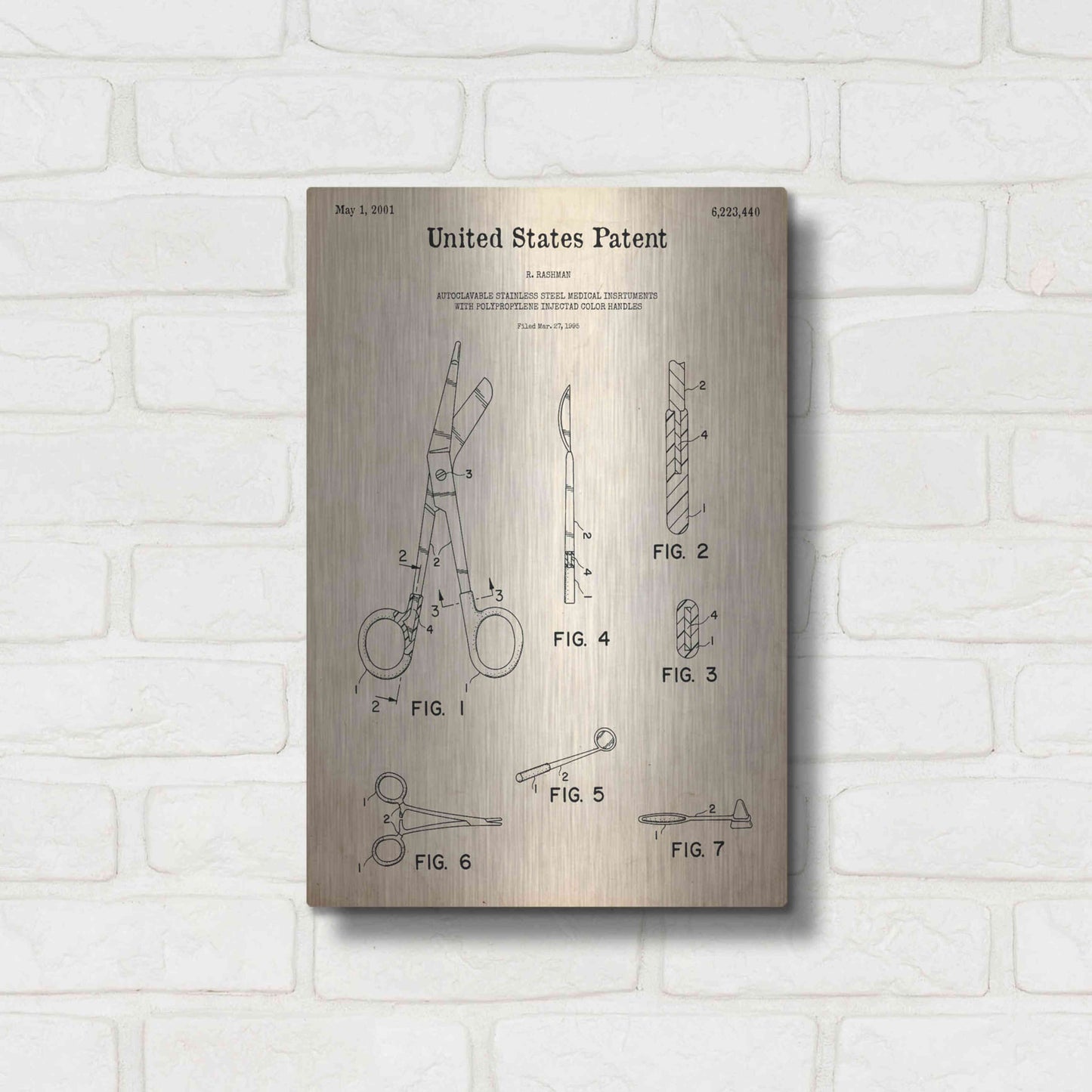 Luxe Metal Art 'Medical Instruments Blueprint Patent Parchment,' Metal Wall Art,12x16