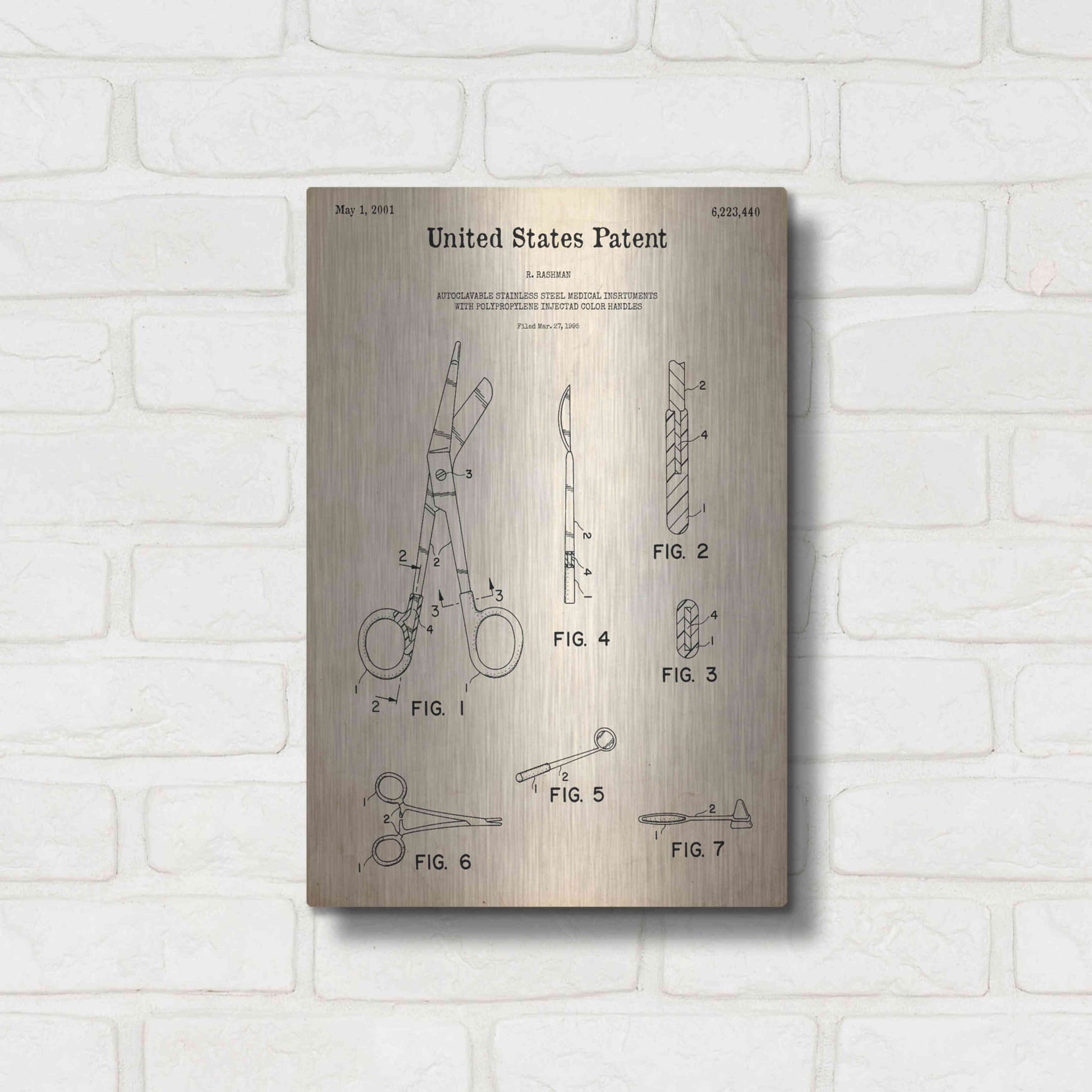 Luxe Metal Art 'Medical Instruments Blueprint Patent Parchment,' Metal Wall Art,12x16