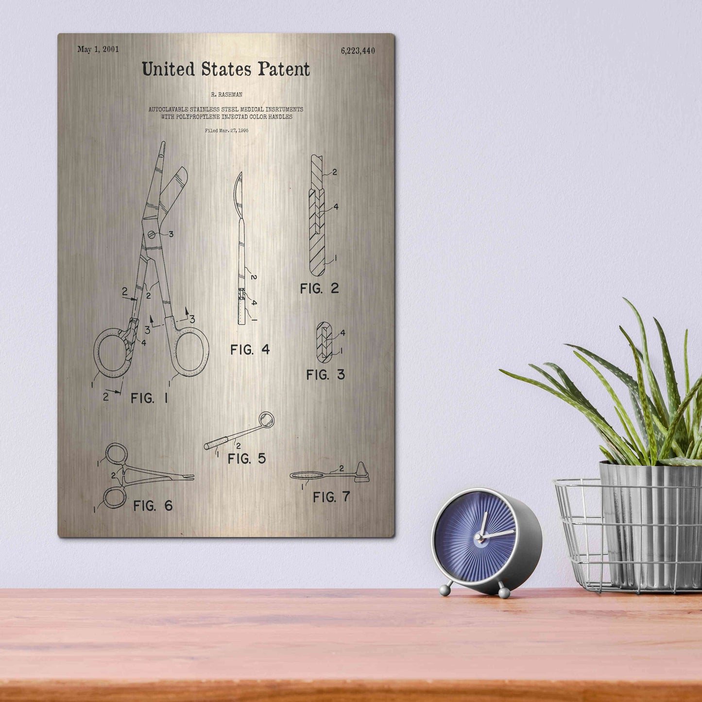 Luxe Metal Art 'Medical Instruments Blueprint Patent Parchment,' Metal Wall Art,12x16