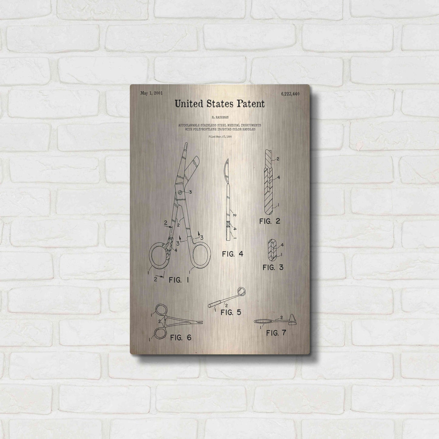 Luxe Metal Art 'Medical Instruments Blueprint Patent Parchment,' Metal Wall Art,16x24
