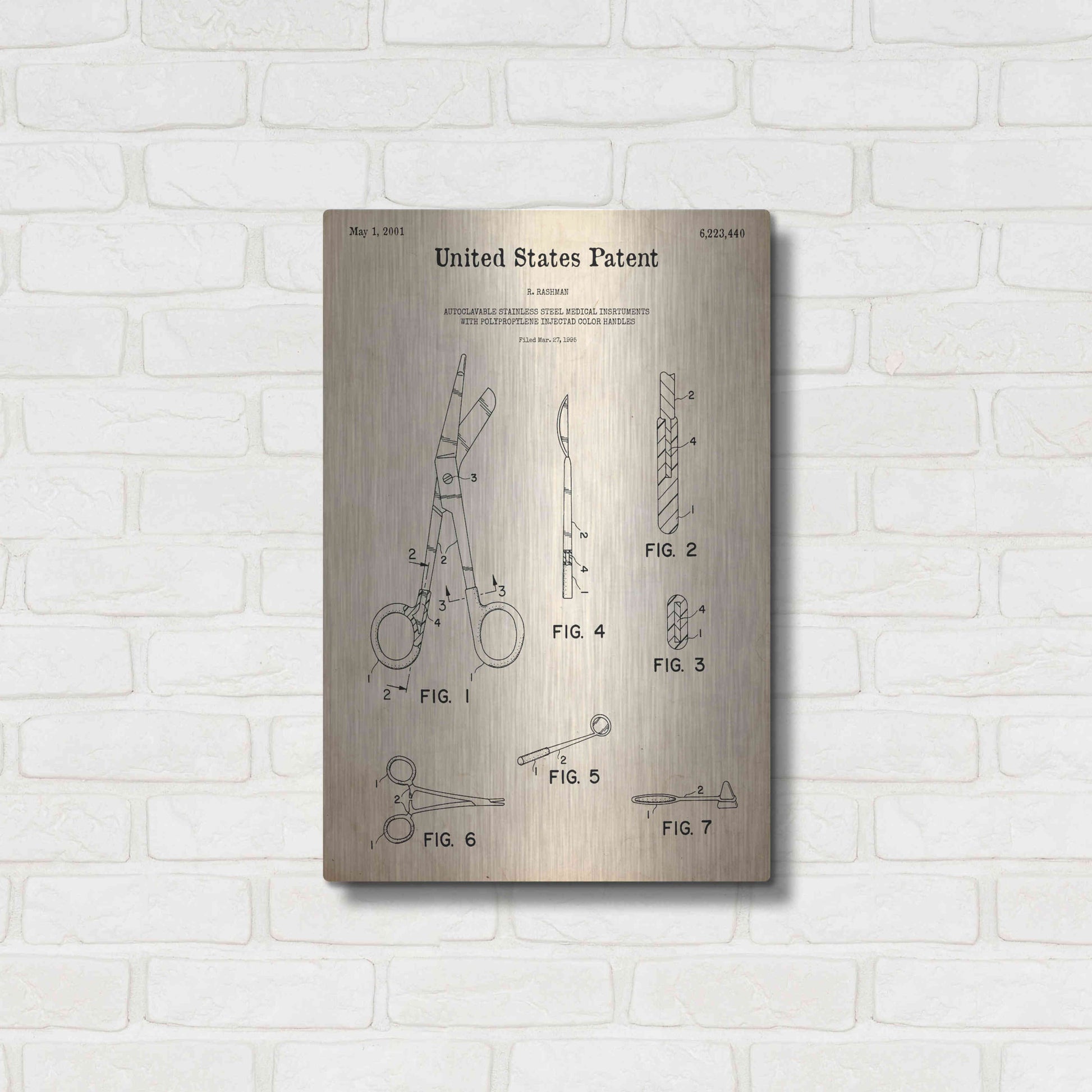 Luxe Metal Art 'Medical Instruments Blueprint Patent Parchment,' Metal Wall Art,16x24