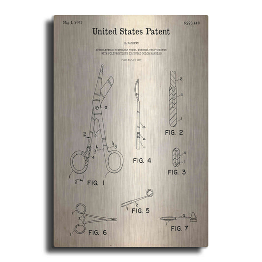 Luxe Metal Art 'Medical Instruments Blueprint Patent Parchment,' Metal Wall Art