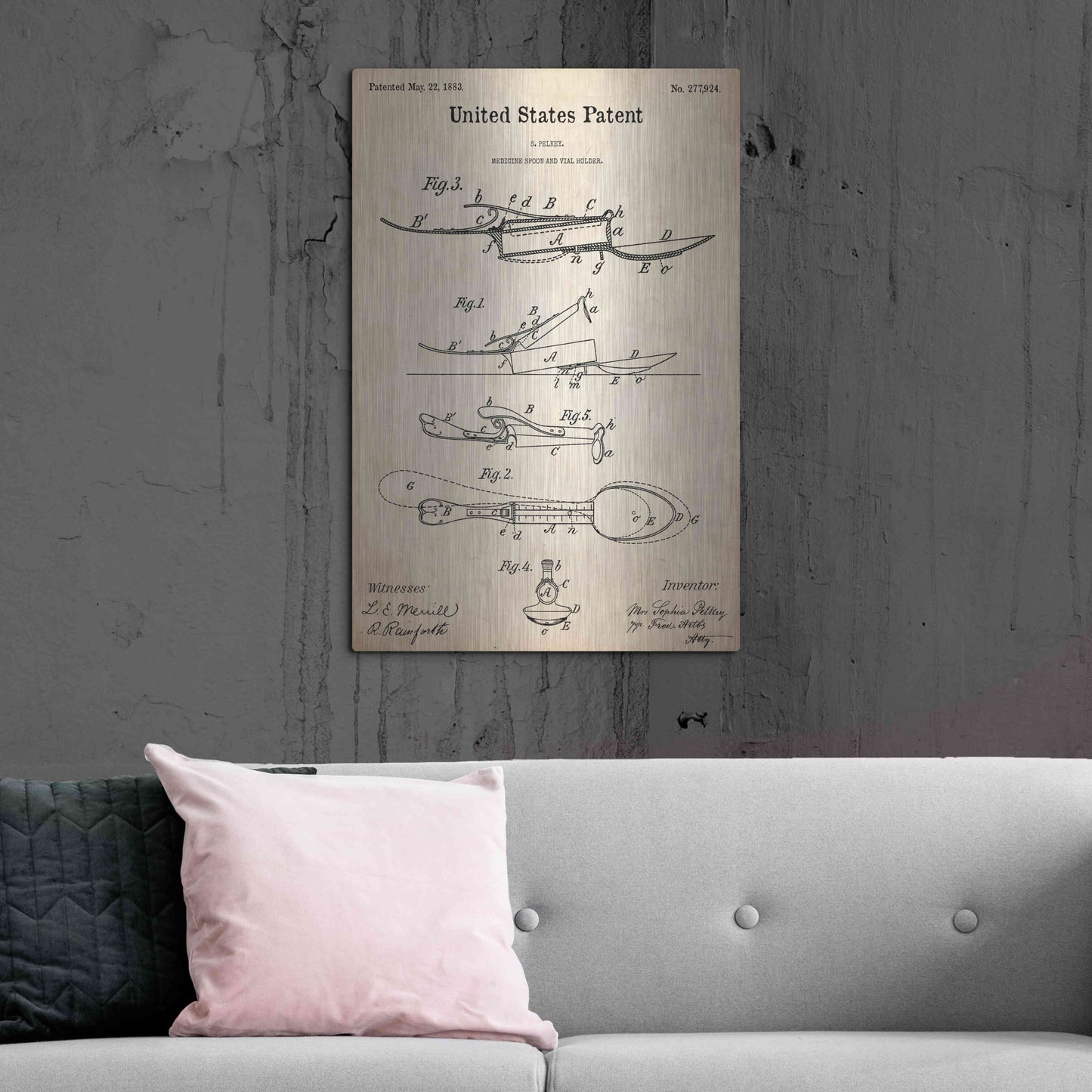Luxe Metal Art 'Medicine Spoon Blueprint Patent Parchment,' Metal Wall Art,24x36