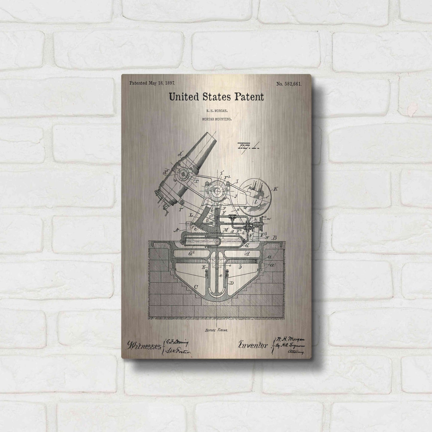 Luxe Metal Art 'Mortar Mounting Blueprint Patent Parchment,' Metal Wall Art,12x16
