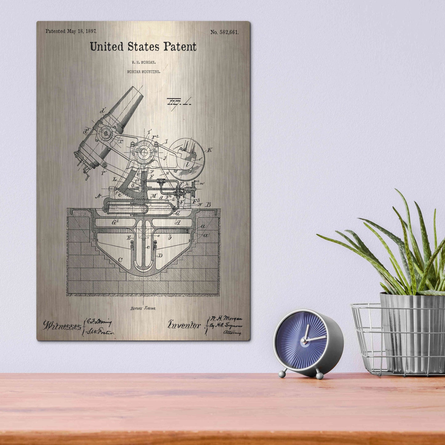 Luxe Metal Art 'Mortar Mounting Blueprint Patent Parchment,' Metal Wall Art,12x16
