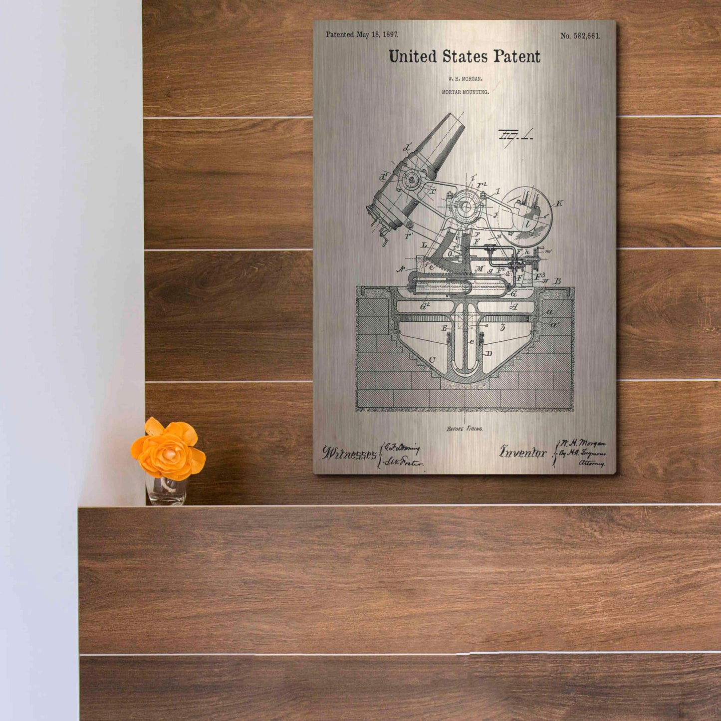 Luxe Metal Art 'Mortar Mounting Blueprint Patent Parchment,' Metal Wall Art,12x16