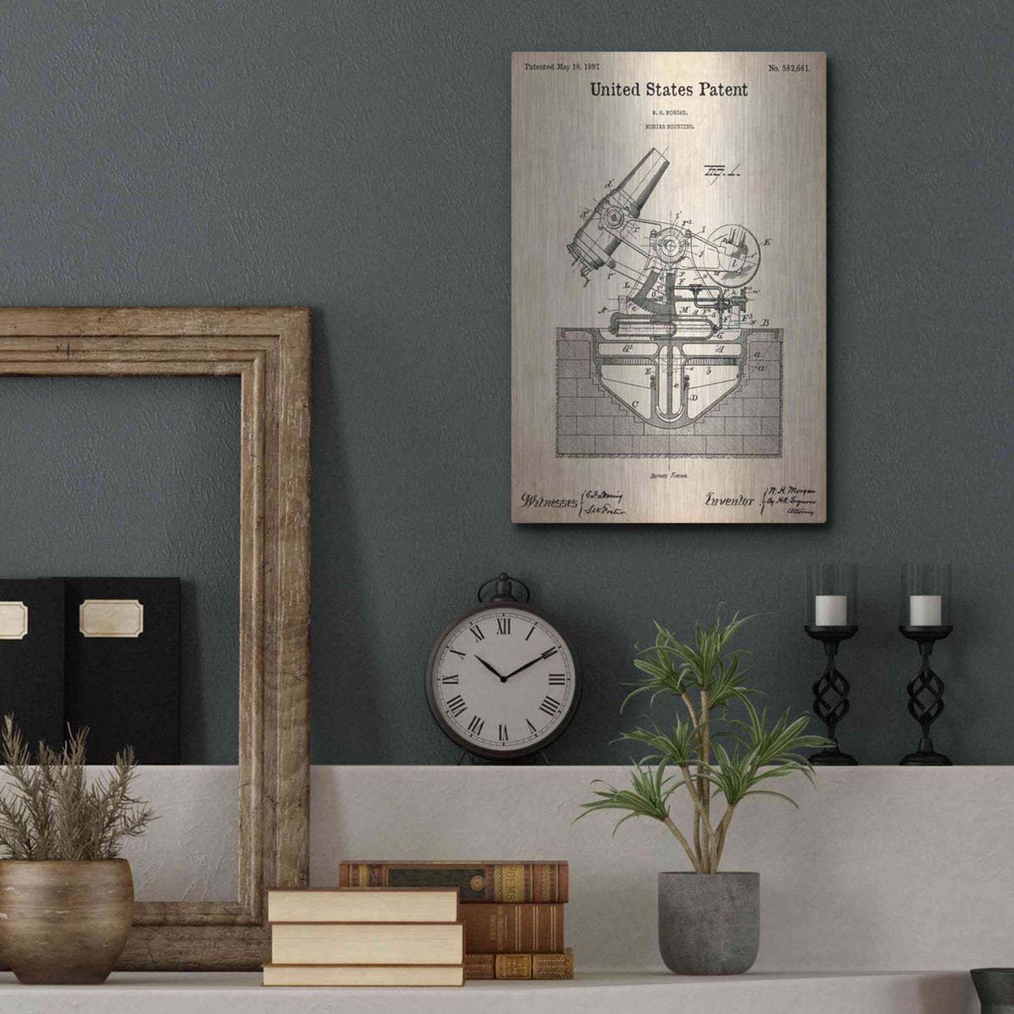 Luxe Metal Art 'Mortar Mounting Blueprint Patent Parchment,' Metal Wall Art,12x16