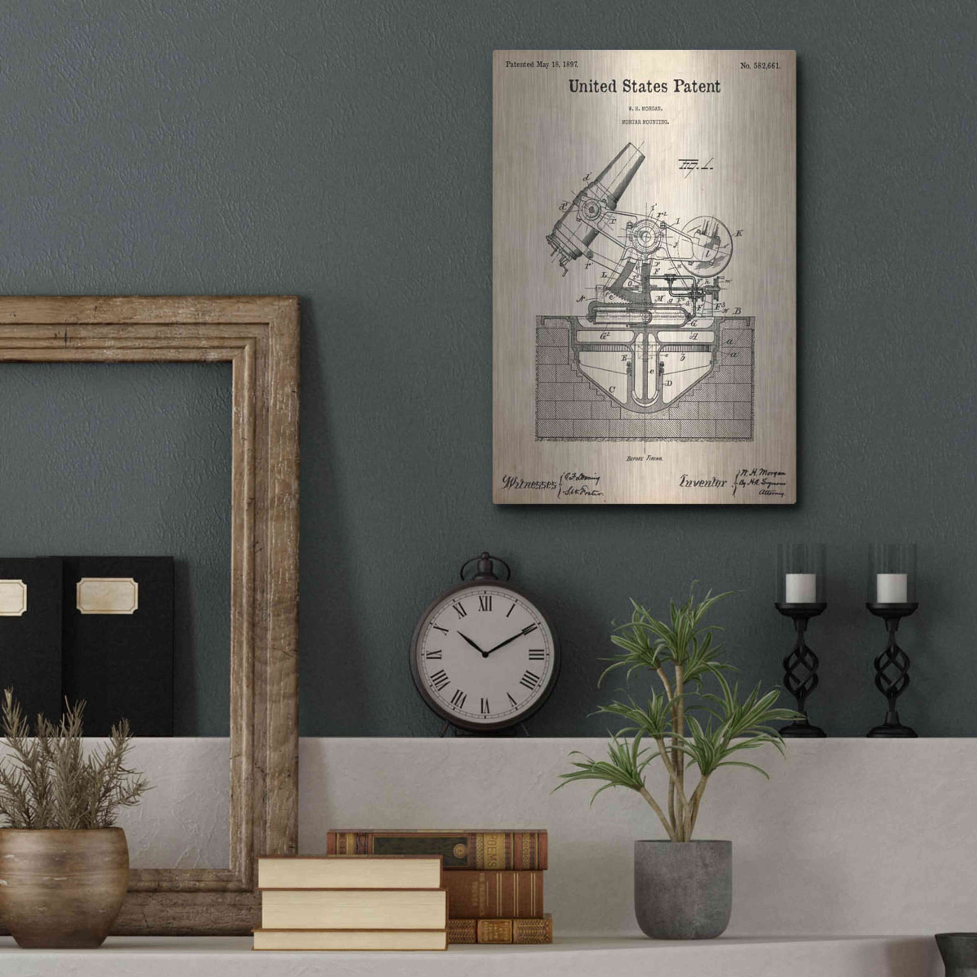 Luxe Metal Art 'Mortar Mounting Blueprint Patent Parchment,' Metal Wall Art,12x16