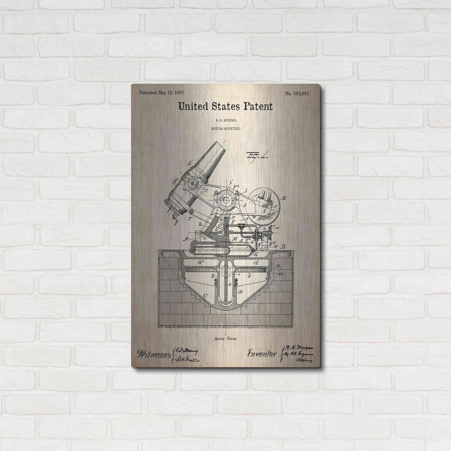 Luxe Metal Art 'Mortar Mounting Blueprint Patent Parchment,' Metal Wall Art,24x36