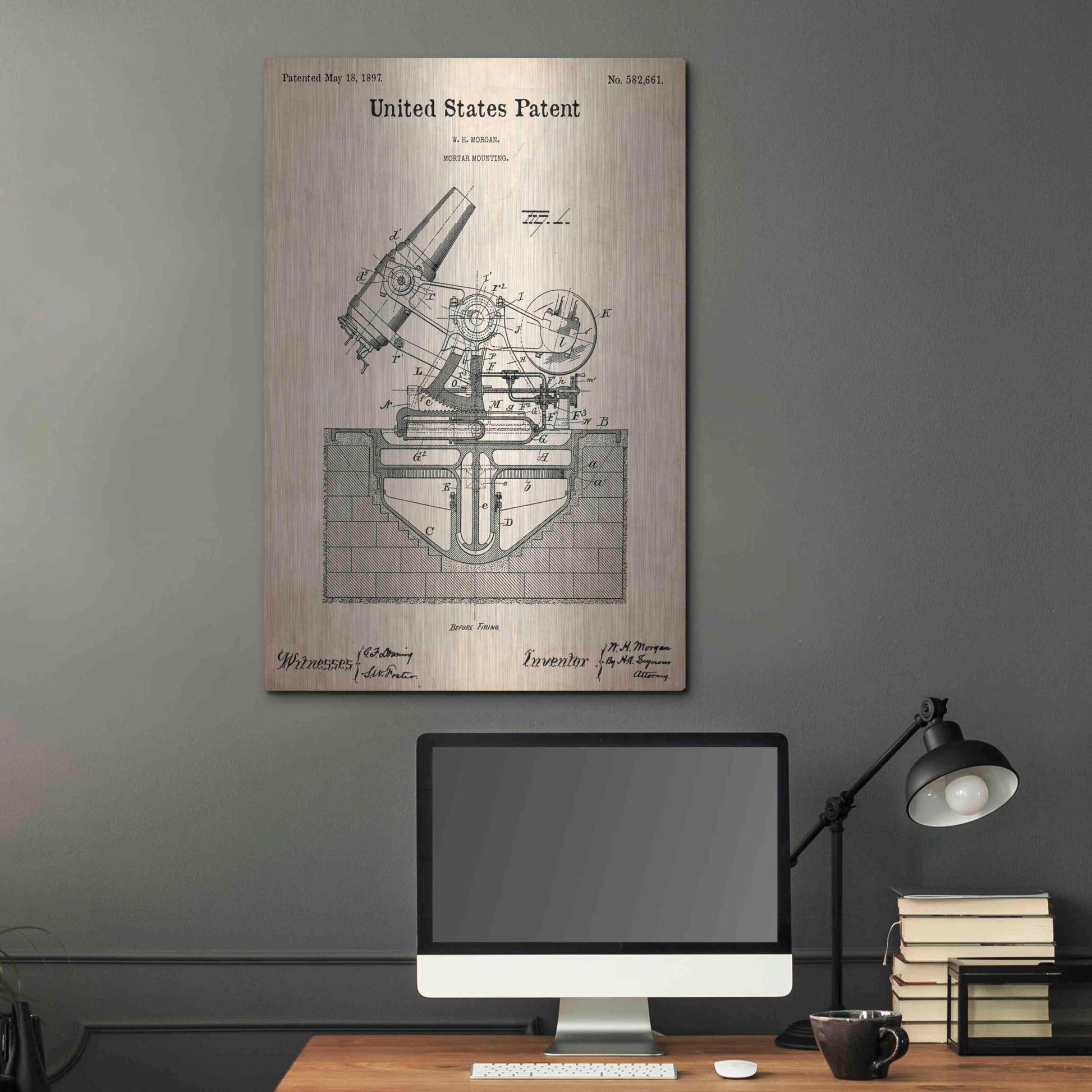 Luxe Metal Art 'Mortar Mounting Blueprint Patent Parchment,' Metal Wall Art,24x36