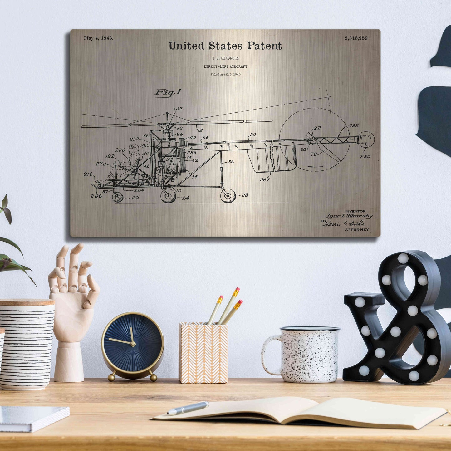 Luxe Metal Art 'Direct-Lift Aircraft Blueprint Patent Parchment,' Metal Wall Art,16x12
