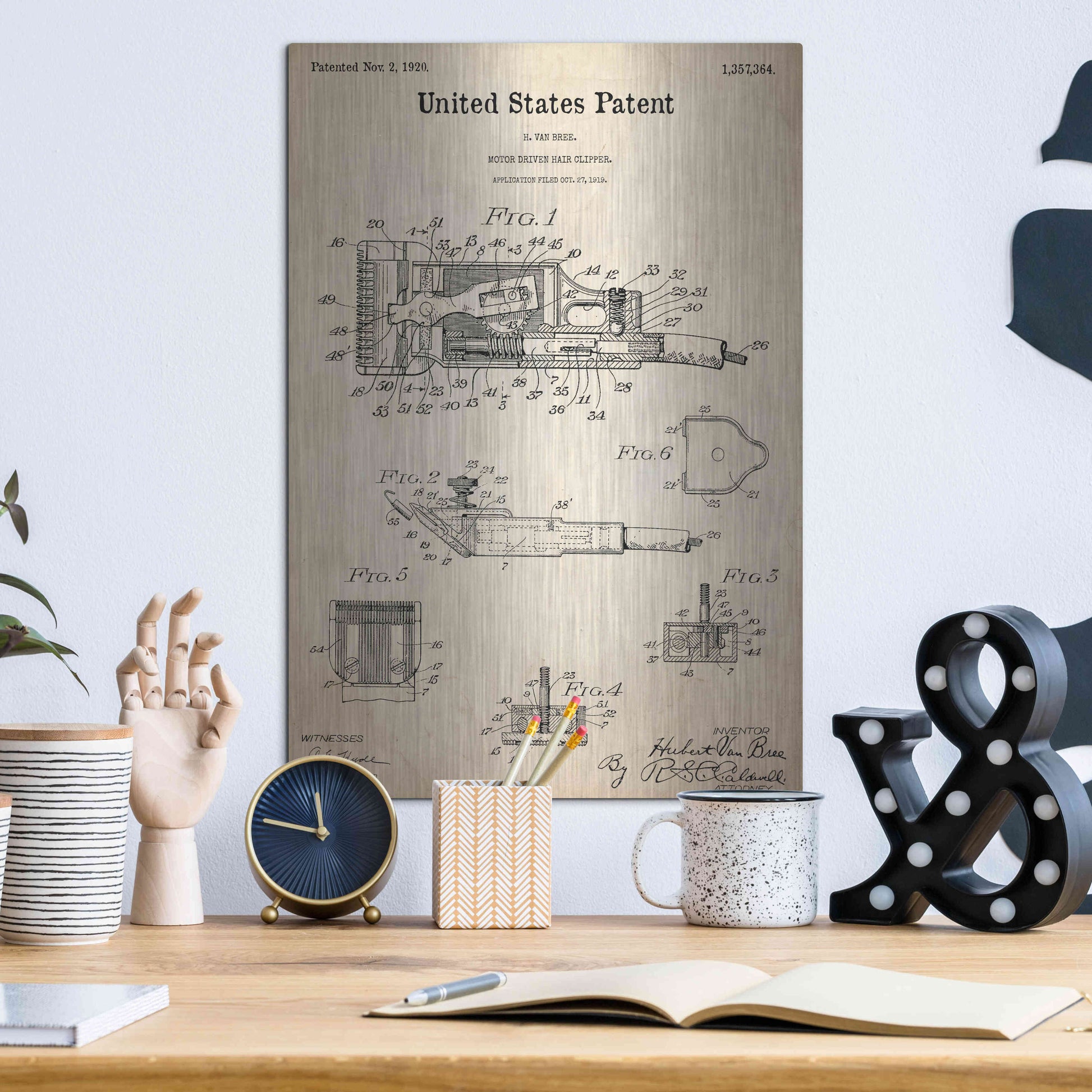 Luxe Metal Art 'Motor Hair Clipper Blueprint Patent Parchment,' Metal Wall Art,12x16