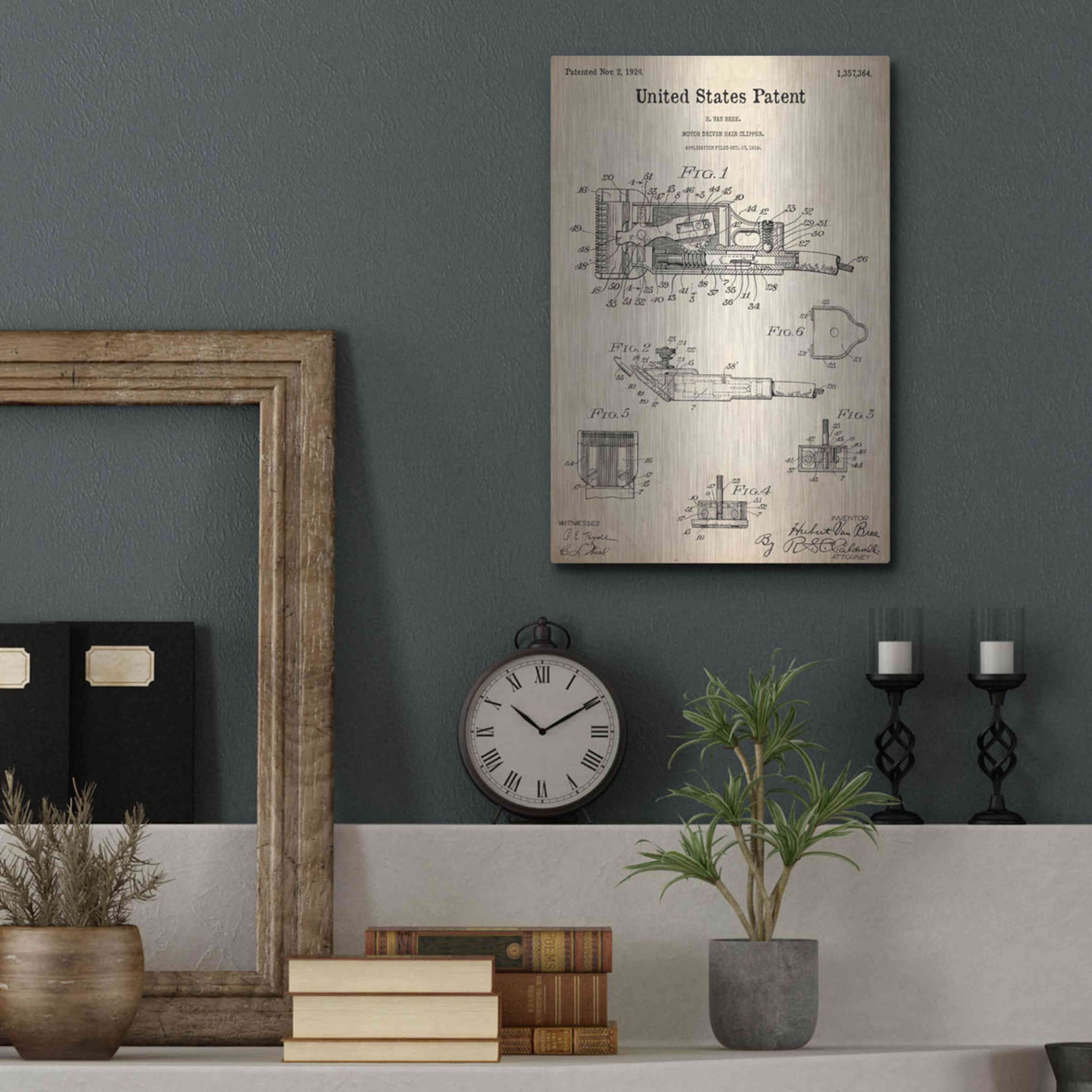 Luxe Metal Art 'Motor Hair Clipper Blueprint Patent Parchment,' Metal Wall Art,12x16