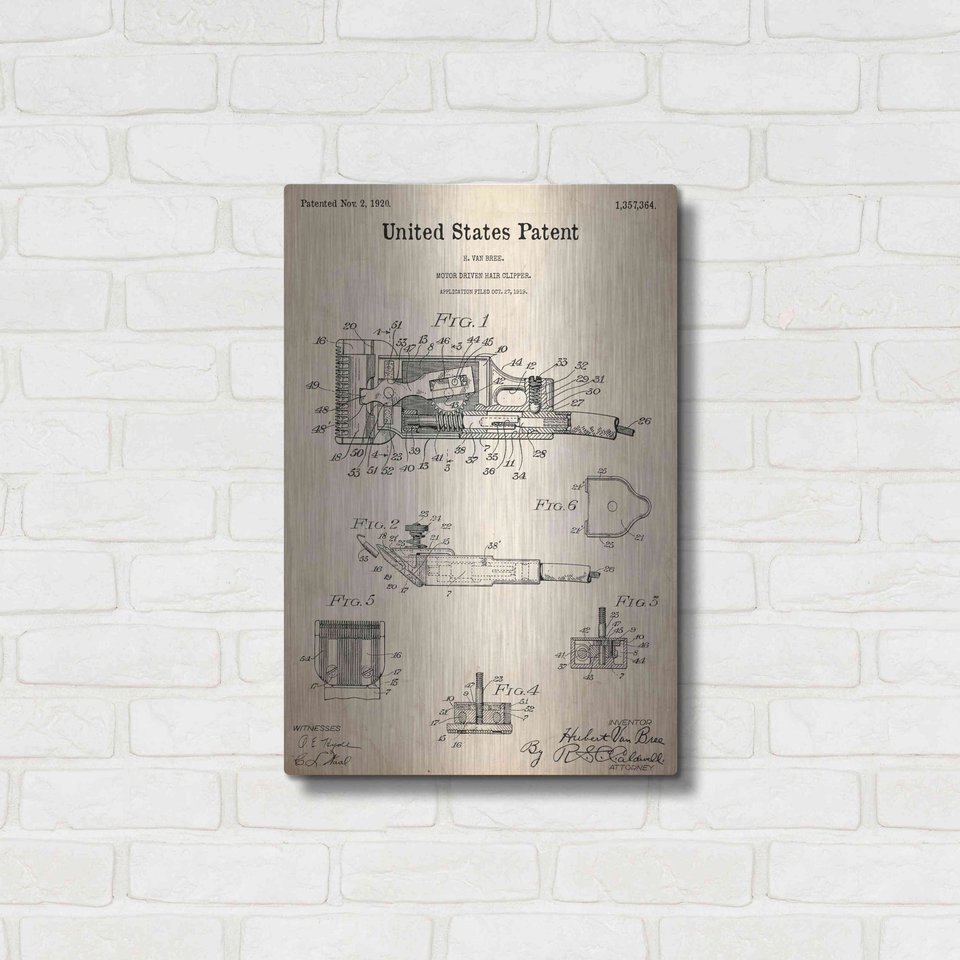 Luxe Metal Art 'Motor Hair Clipper Blueprint Patent Parchment,' Metal Wall Art,16x24