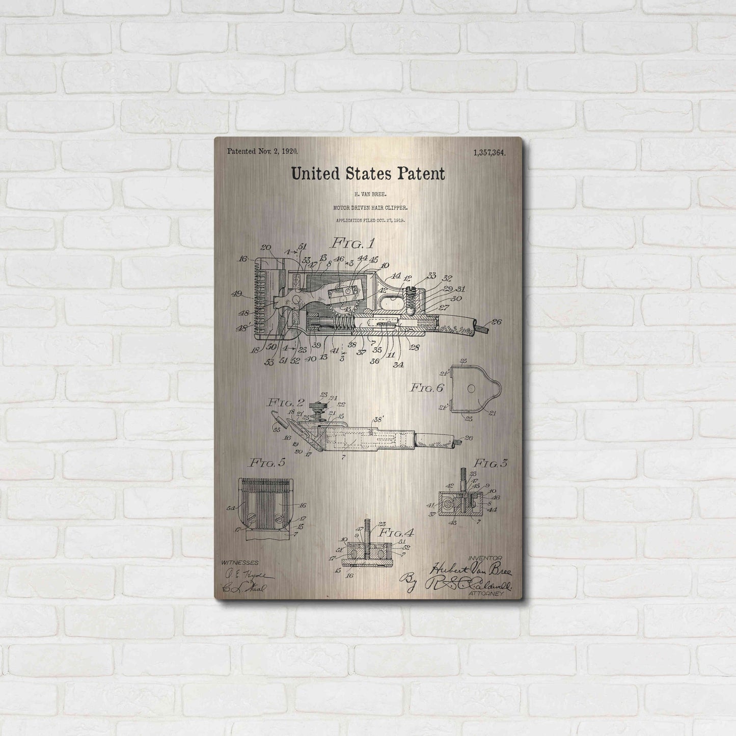 Luxe Metal Art 'Motor Hair Clipper Blueprint Patent Parchment,' Metal Wall Art,24x36