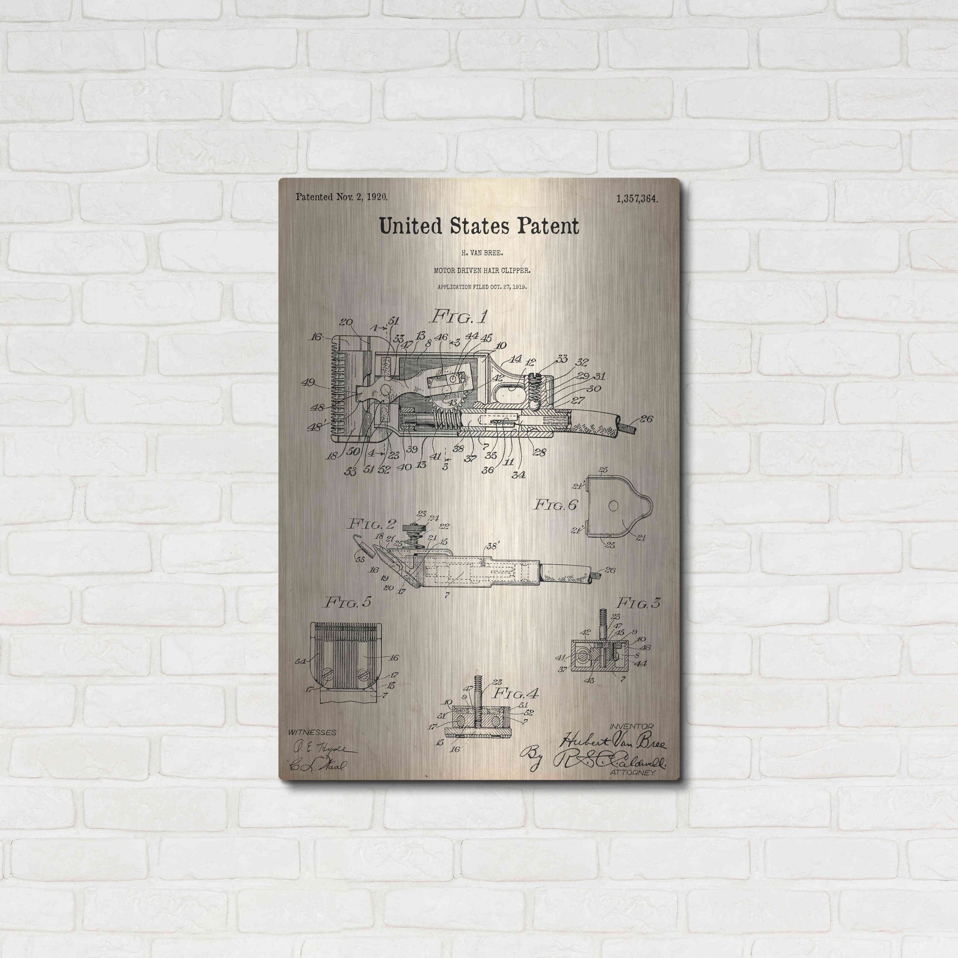 Luxe Metal Art 'Motor Hair Clipper Blueprint Patent Parchment,' Metal Wall Art,24x36