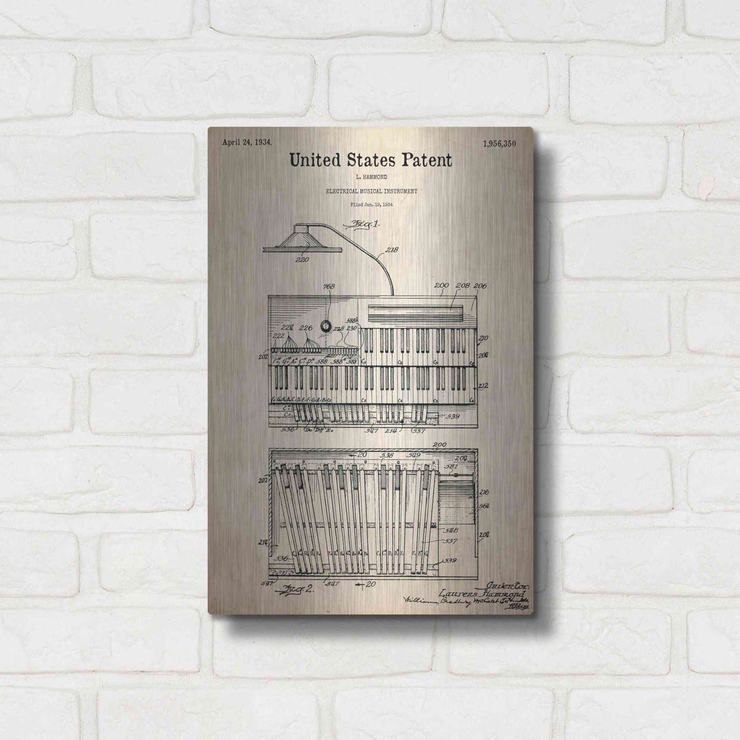 Luxe Metal Art 'Keyboard Instrument Blueprint Patent Parchment,' Metal Wall Art,12x16