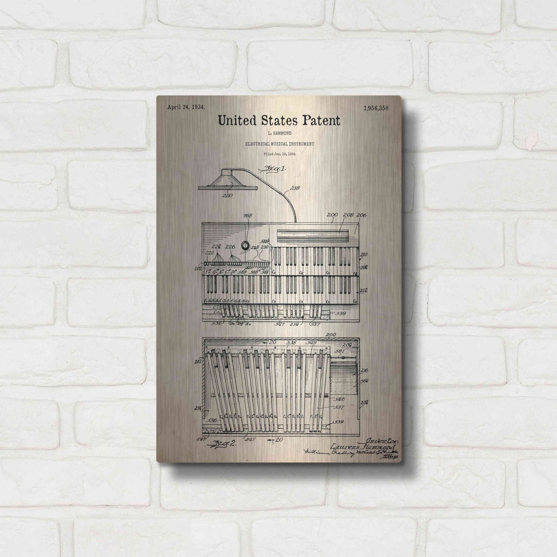 Luxe Metal Art 'Keyboard Instrument Blueprint Patent Parchment,' Metal Wall Art,12x16