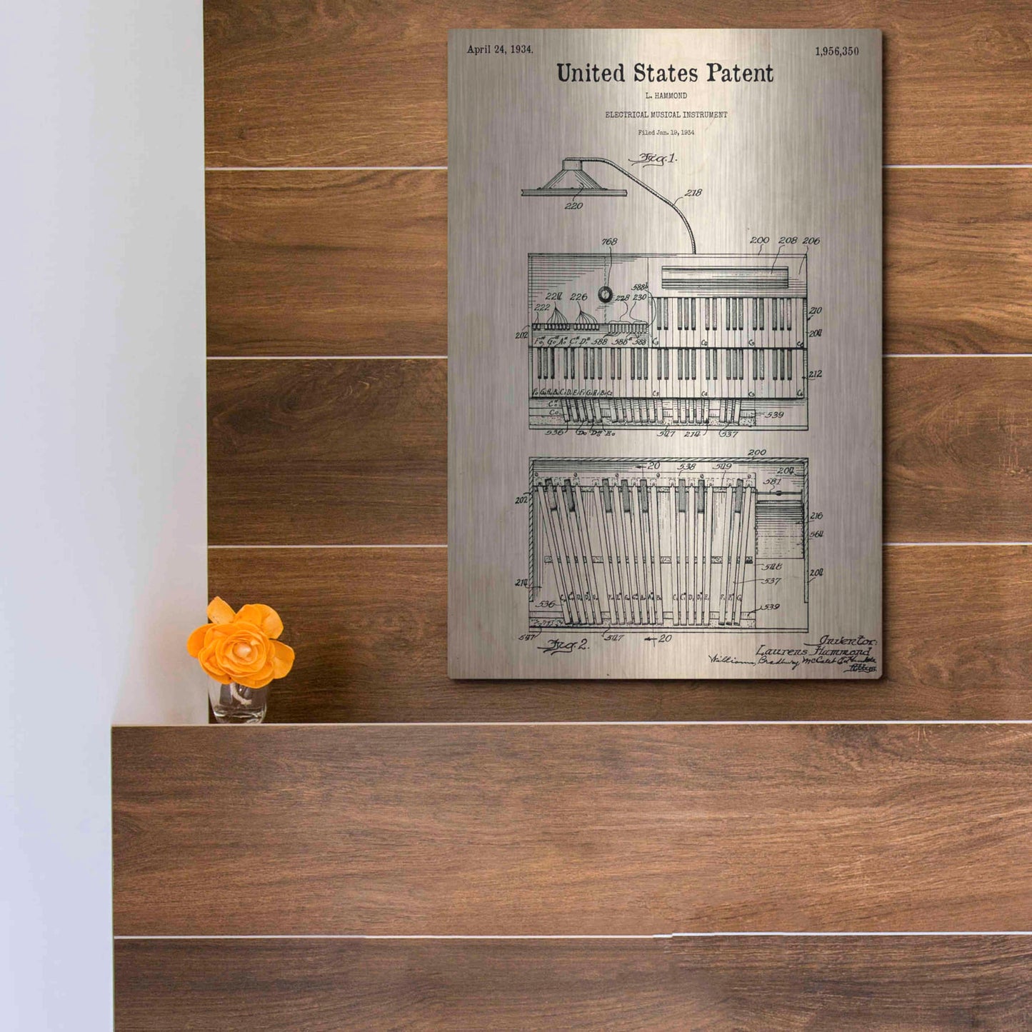 Luxe Metal Art 'Keyboard Instrument Blueprint Patent Parchment,' Metal Wall Art,12x16