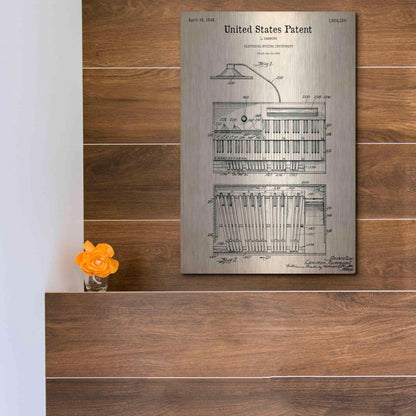 Luxe Metal Art 'Keyboard Instrument Blueprint Patent Parchment,' Metal Wall Art,12x16