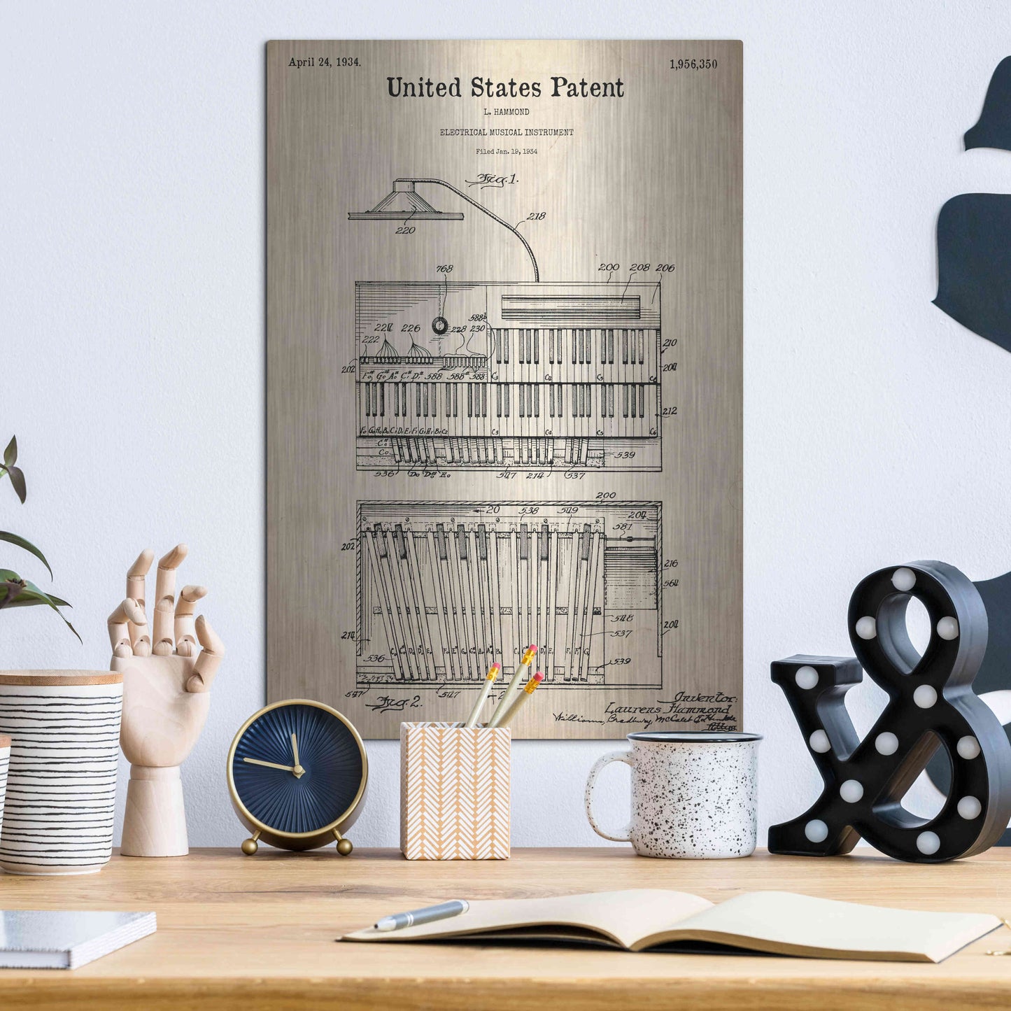 Luxe Metal Art 'Keyboard Instrument Blueprint Patent Parchment,' Metal Wall Art,12x16