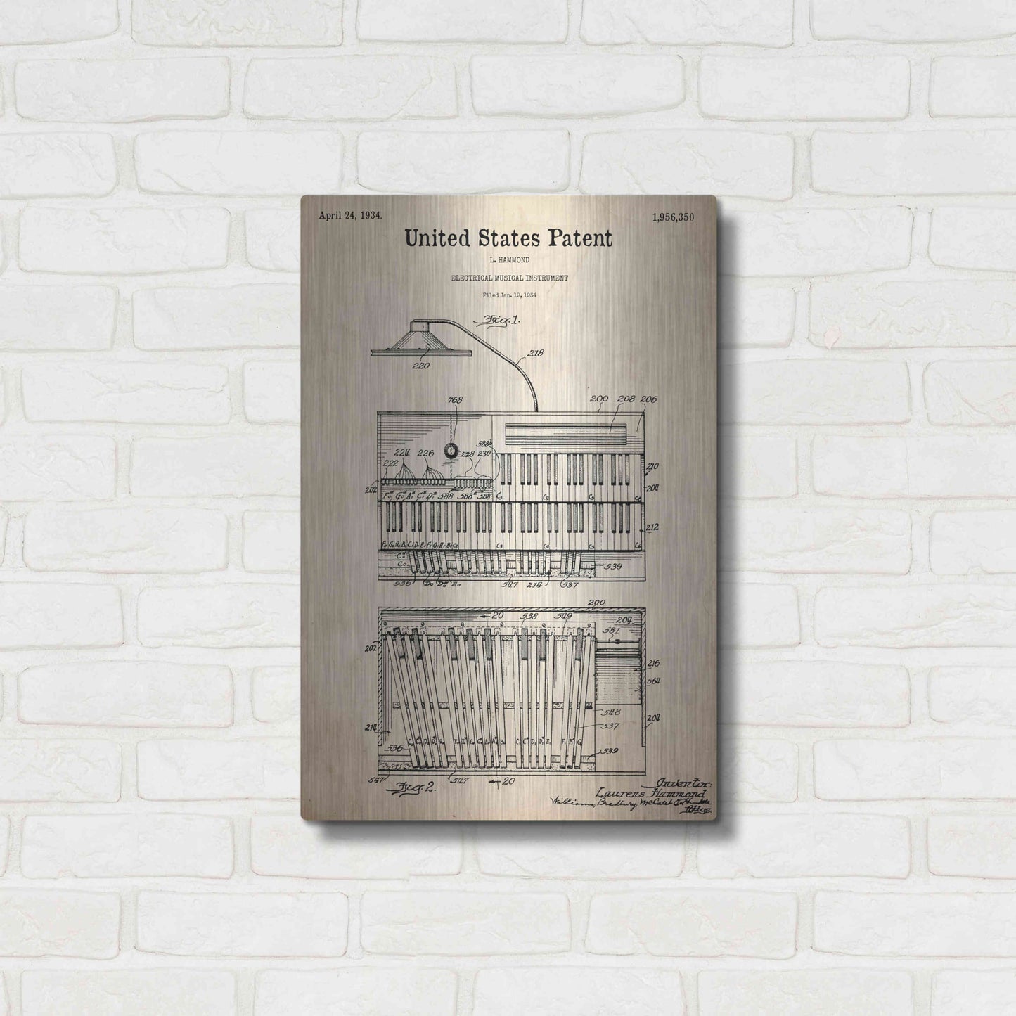 Luxe Metal Art 'Keyboard Instrument Blueprint Patent Parchment,' Metal Wall Art,16x24