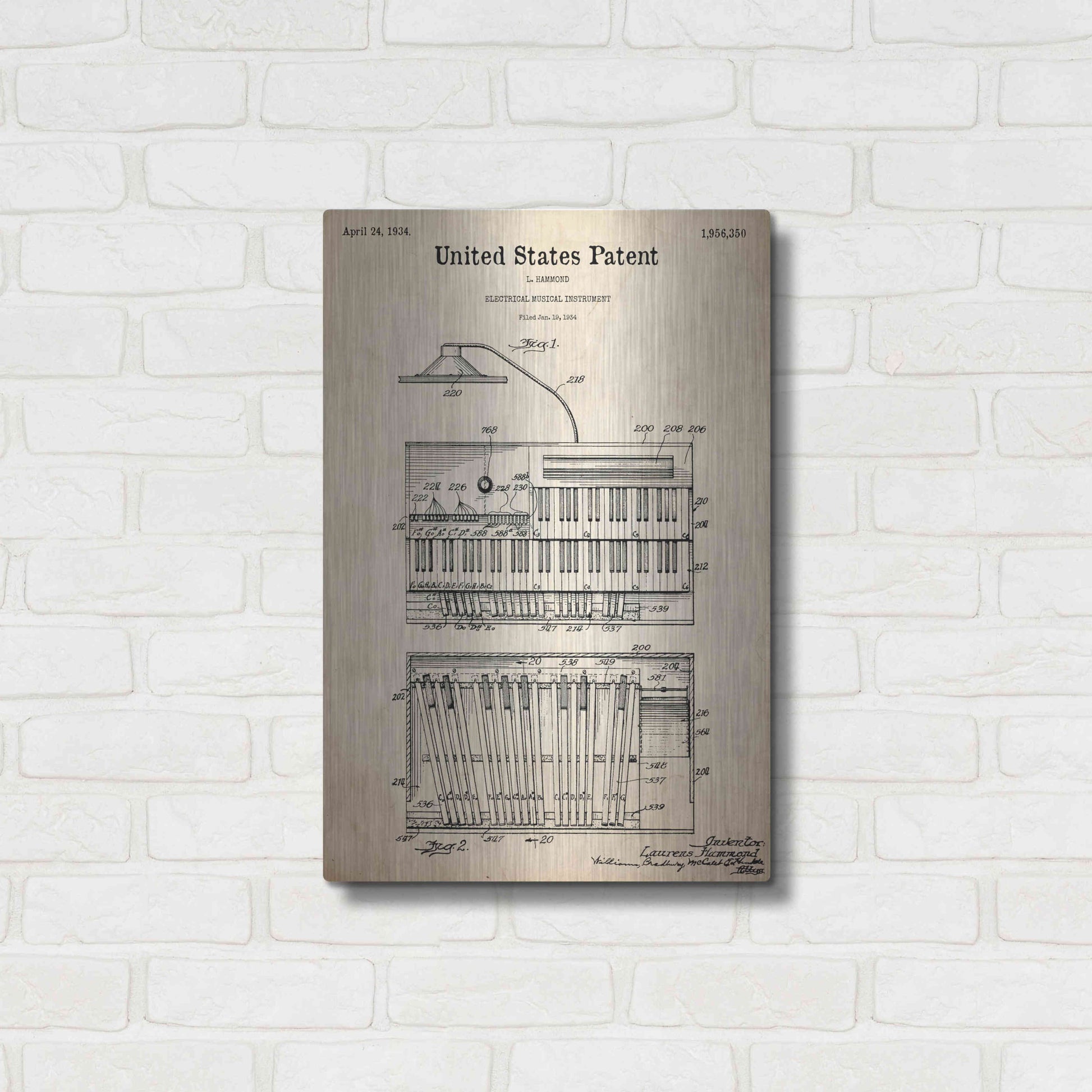 Luxe Metal Art 'Keyboard Instrument Blueprint Patent Parchment,' Metal Wall Art,16x24