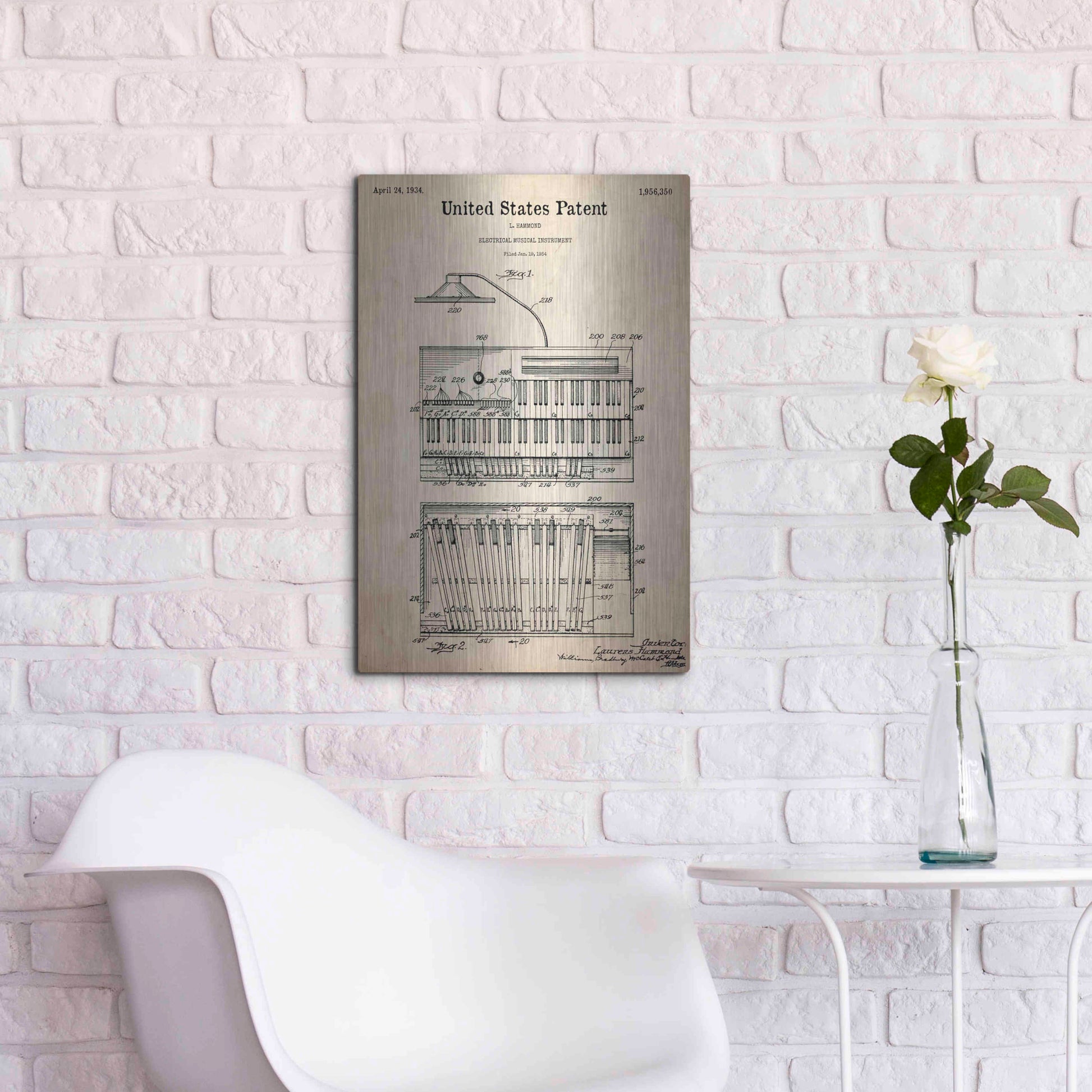 Luxe Metal Art 'Keyboard Instrument Blueprint Patent Parchment,' Metal Wall Art,16x24