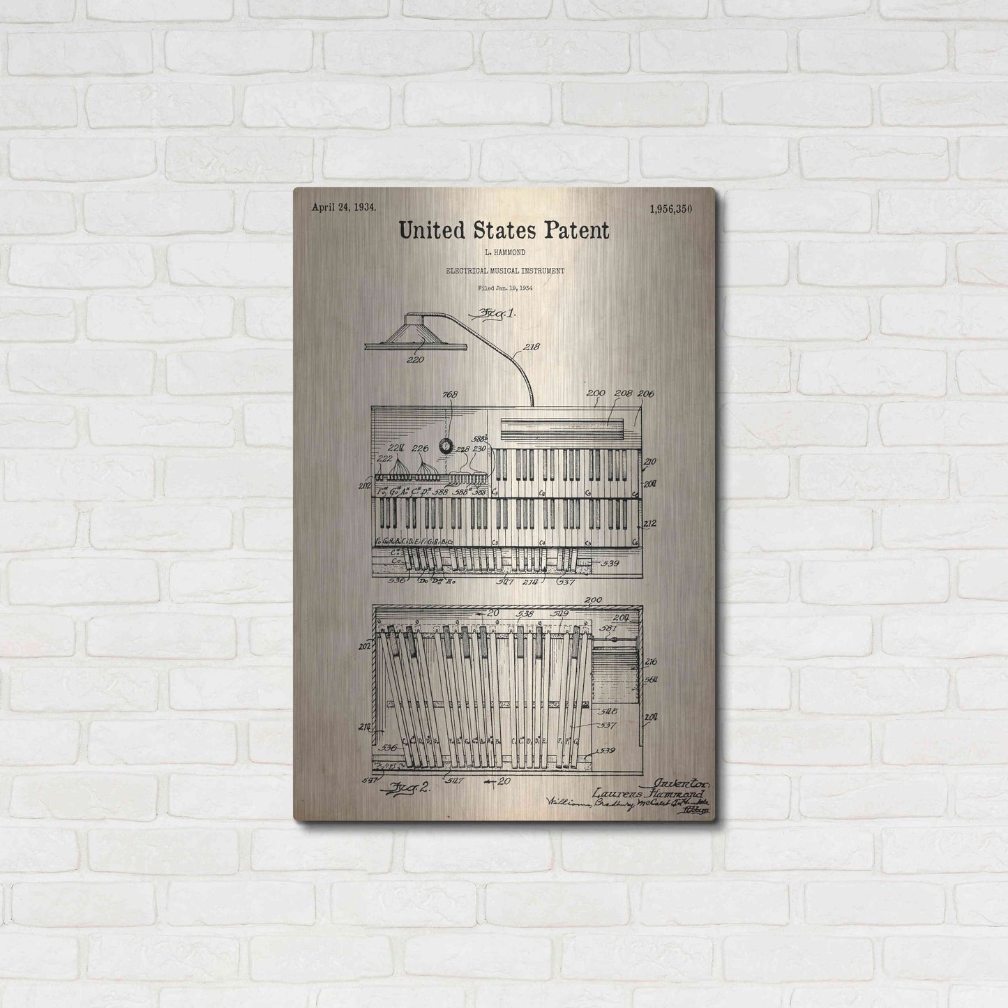 Luxe Metal Art 'Keyboard Instrument Blueprint Patent Parchment,' Metal Wall Art,24x36