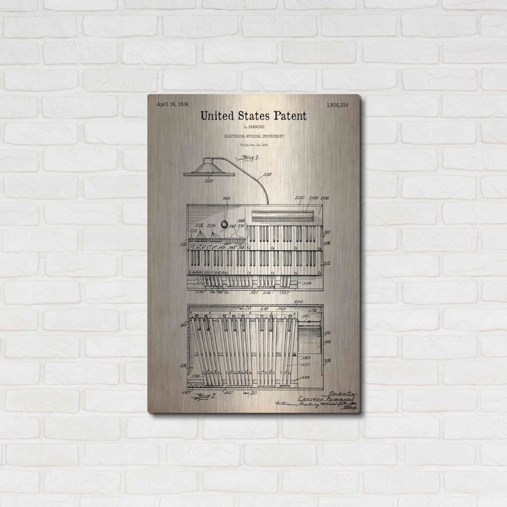 Luxe Metal Art 'Keyboard Instrument Blueprint Patent Parchment,' Metal Wall Art,24x36
