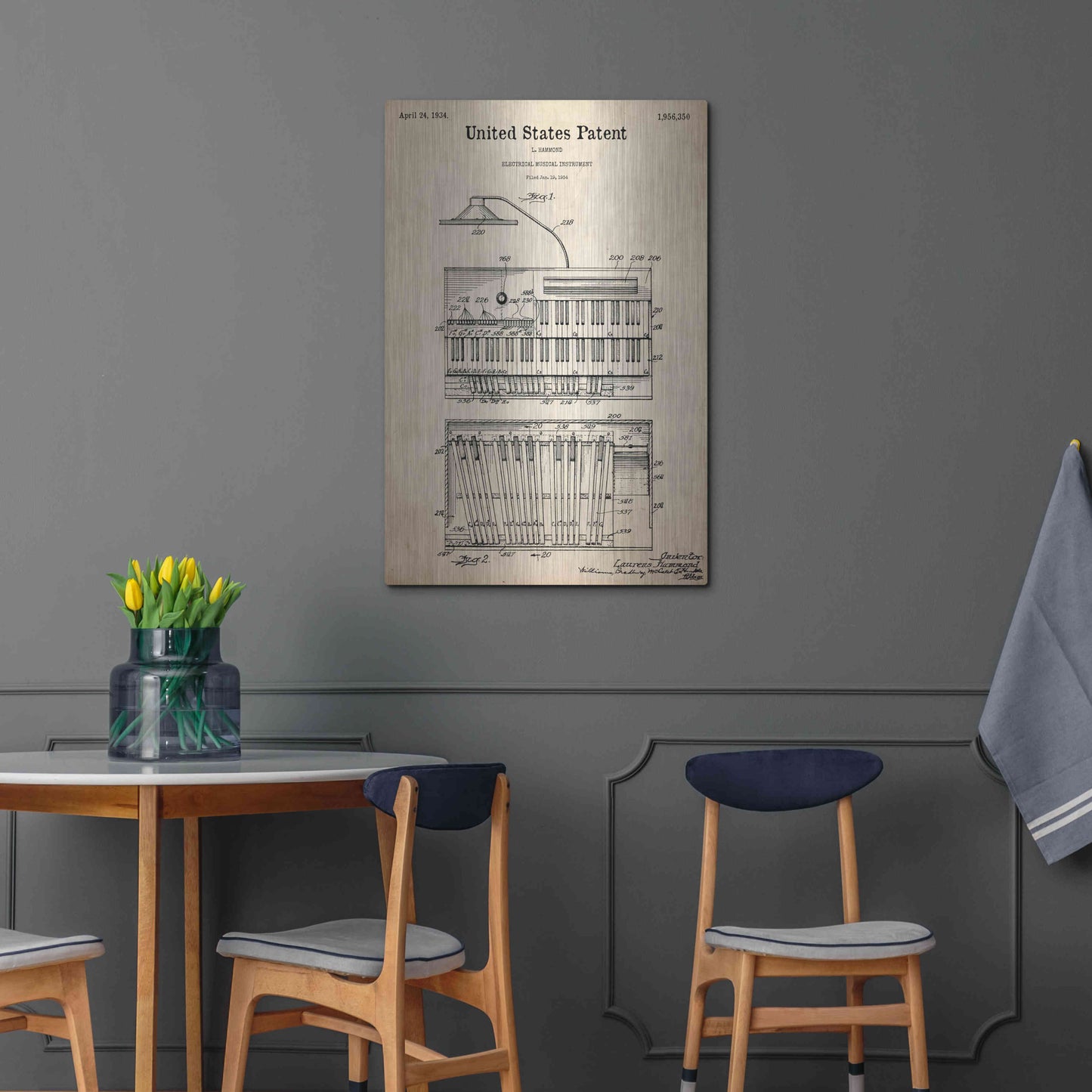 Luxe Metal Art 'Keyboard Instrument Blueprint Patent Parchment,' Metal Wall Art,24x36