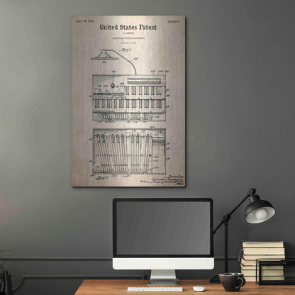 Luxe Metal Art 'Keyboard Instrument Blueprint Patent Parchment,' Metal Wall Art,24x36