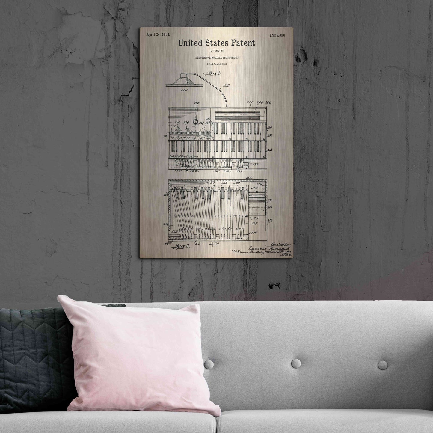 Luxe Metal Art 'Keyboard Instrument Blueprint Patent Parchment,' Metal Wall Art,24x36