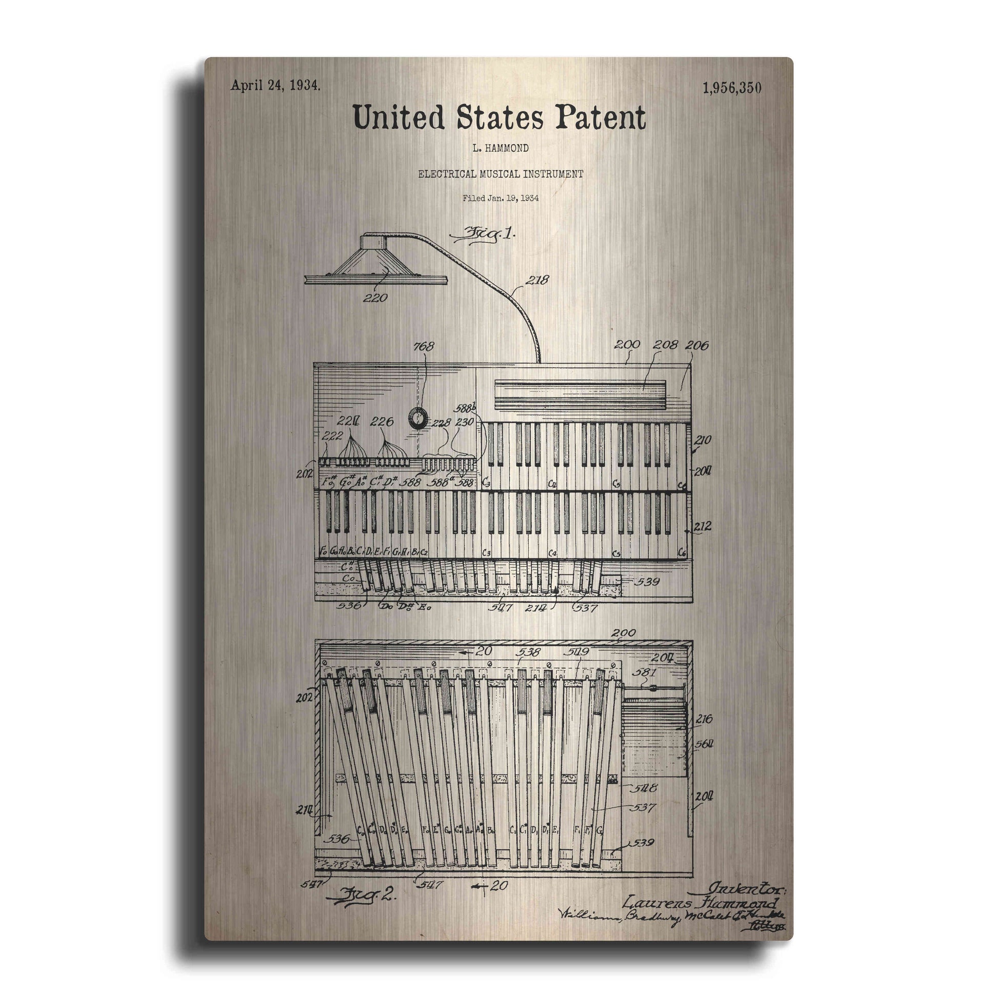 Luxe Metal Art 'Keyboard Instrument Blueprint Patent Parchment,' Metal Wall Art