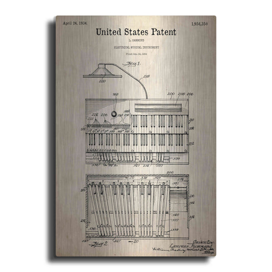 Luxe Metal Art 'Keyboard Instrument Blueprint Patent Parchment,' Metal Wall Art