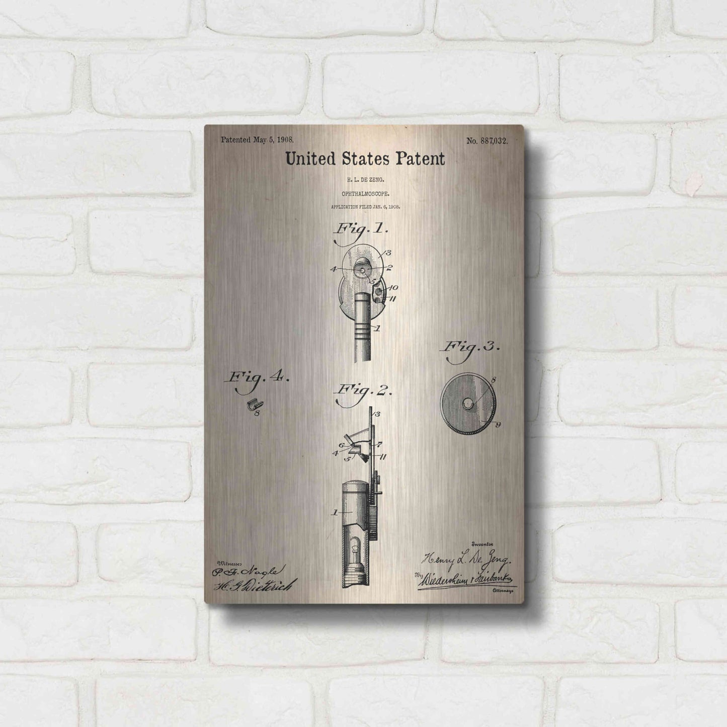 Luxe Metal Art 'Ophthalmoscope Blueprint Patent Parchment,' Metal Wall Art,12x16