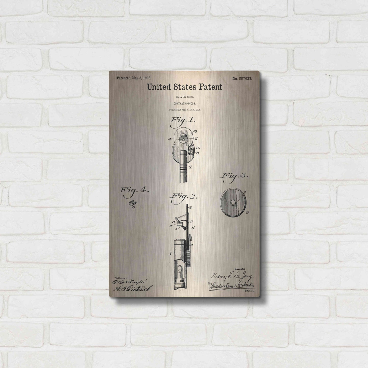 Luxe Metal Art 'Ophthalmoscope Blueprint Patent Parchment,' Metal Wall Art,16x24