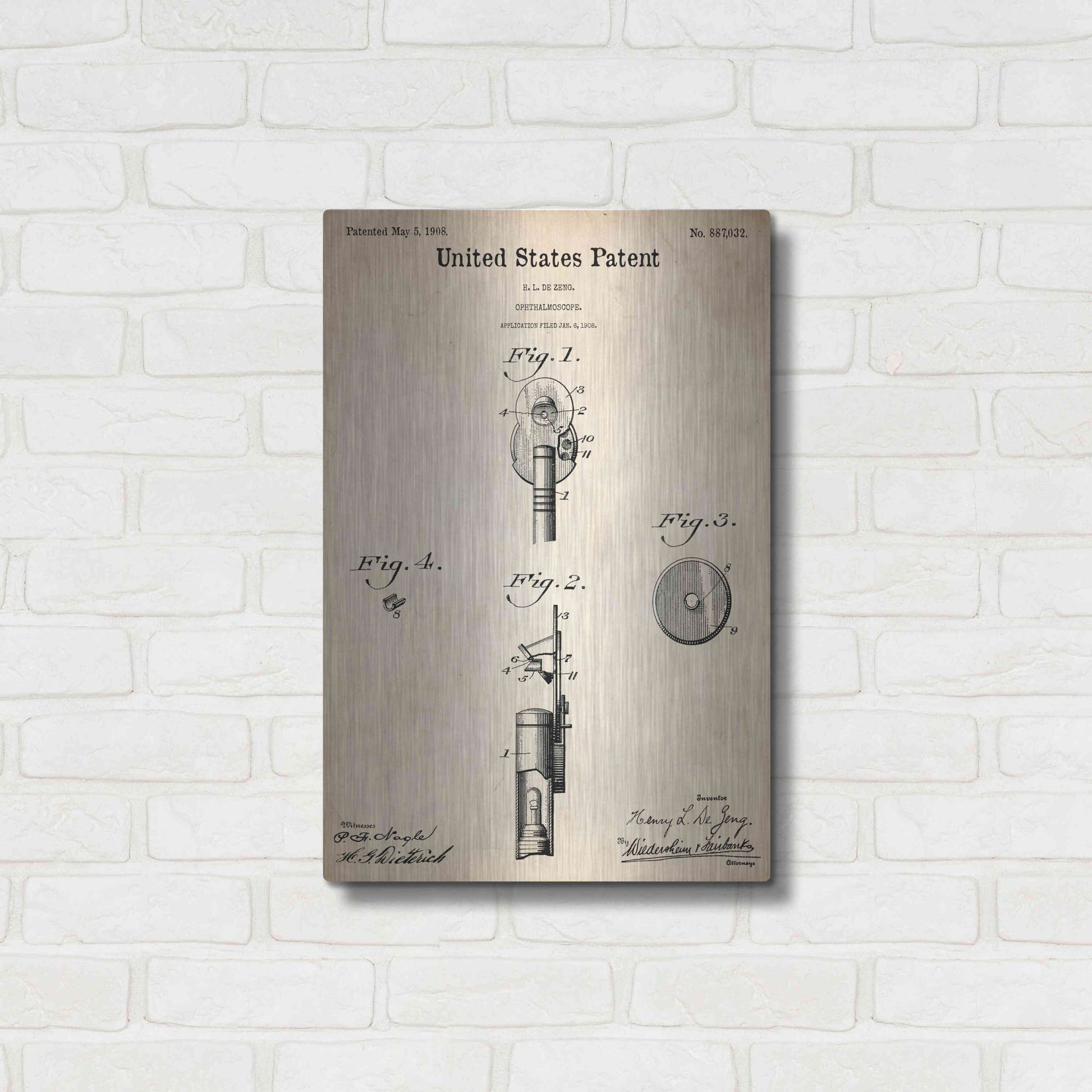 Luxe Metal Art 'Ophthalmoscope Blueprint Patent Parchment,' Metal Wall Art,16x24