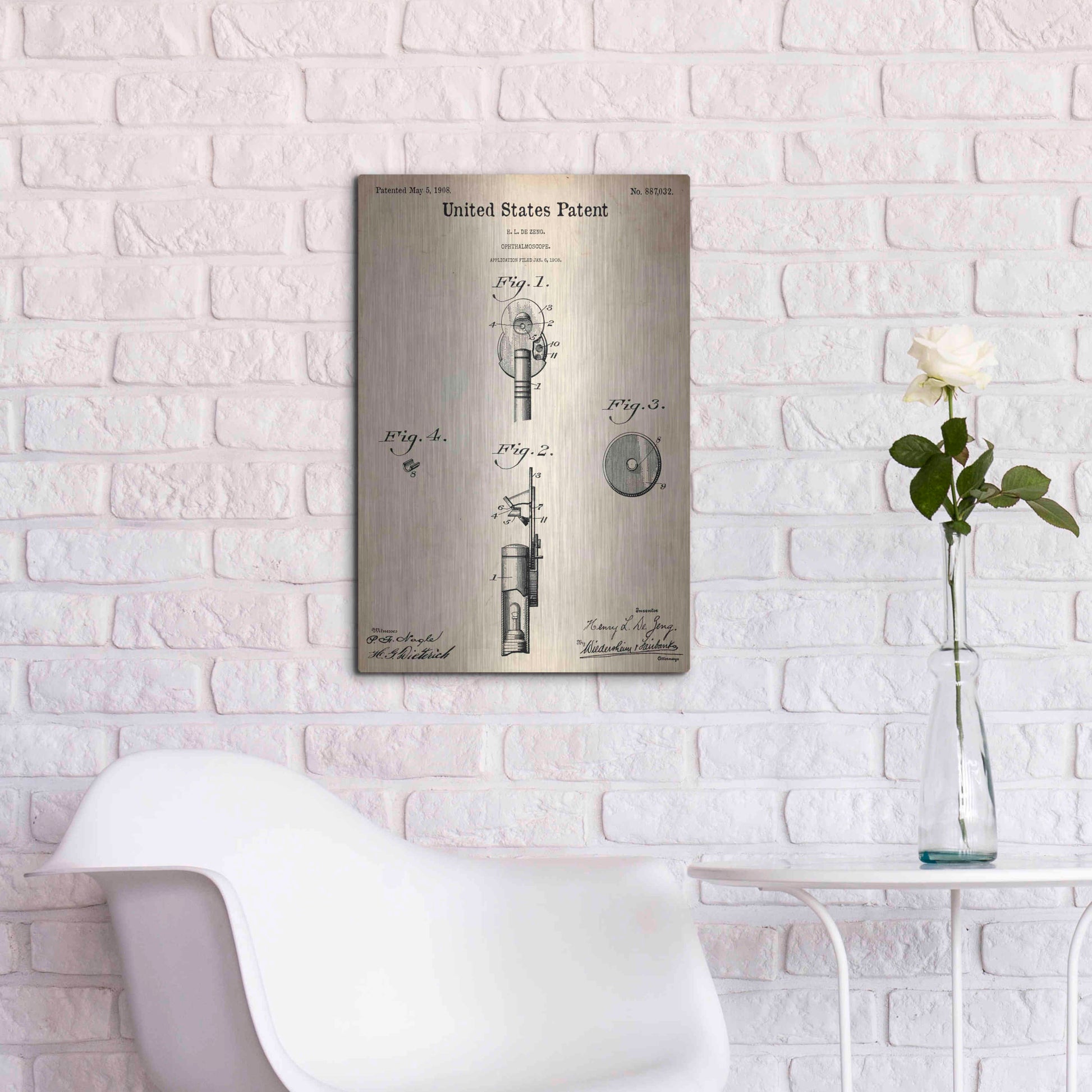 Luxe Metal Art 'Ophthalmoscope Blueprint Patent Parchment,' Metal Wall Art,16x24
