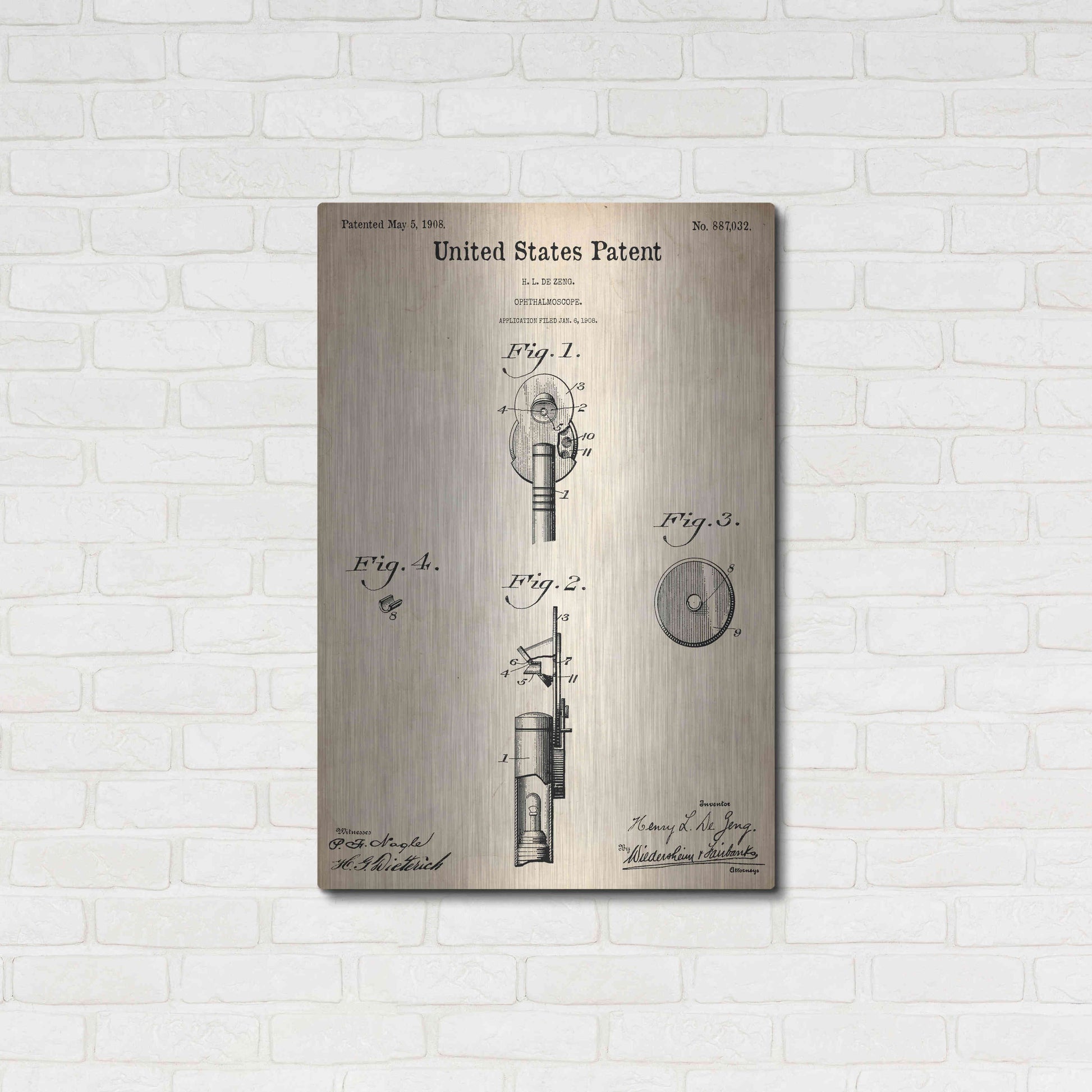 Luxe Metal Art 'Ophthalmoscope Blueprint Patent Parchment,' Metal Wall Art,24x36