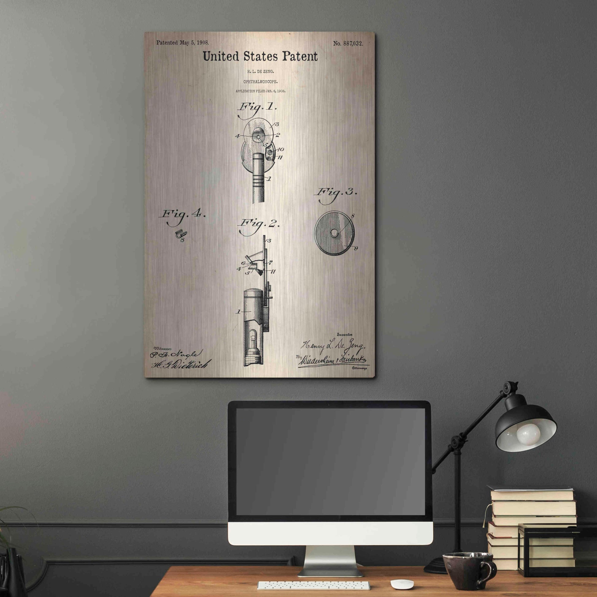 Luxe Metal Art 'Ophthalmoscope Blueprint Patent Parchment,' Metal Wall Art,24x36