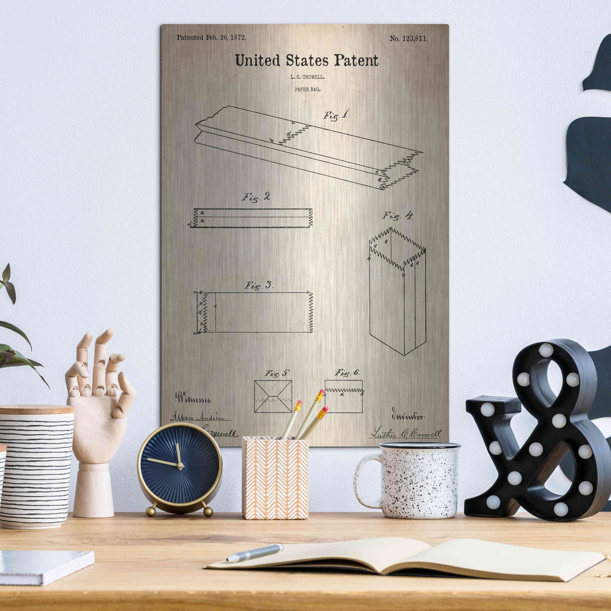 Luxe Metal Art 'Paper Bag Blueprint Patent Parchment,' Metal Wall Art,12x16
