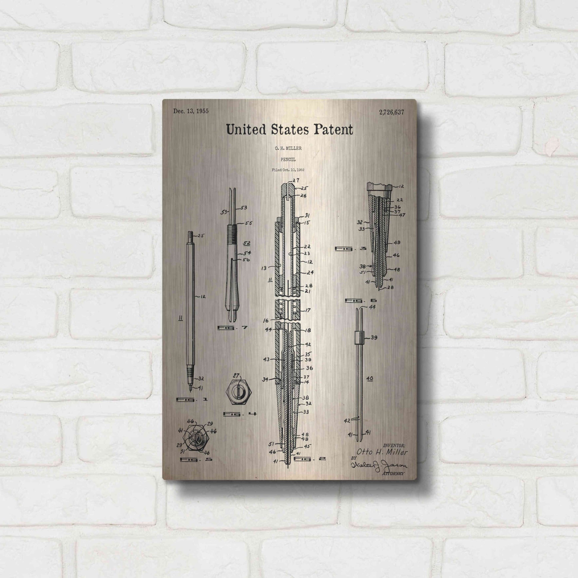 Luxe Metal Art 'Mechanical Pencil Blueprint Patent Parchment,' Metal Wall Art,12x16
