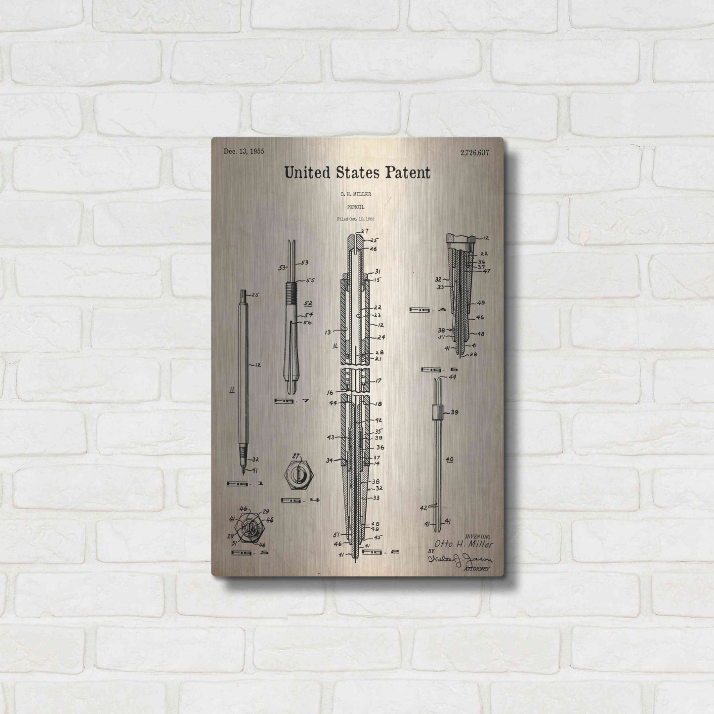 Luxe Metal Art 'Mechanical Pencil Blueprint Patent Parchment,' Metal Wall Art,16x24