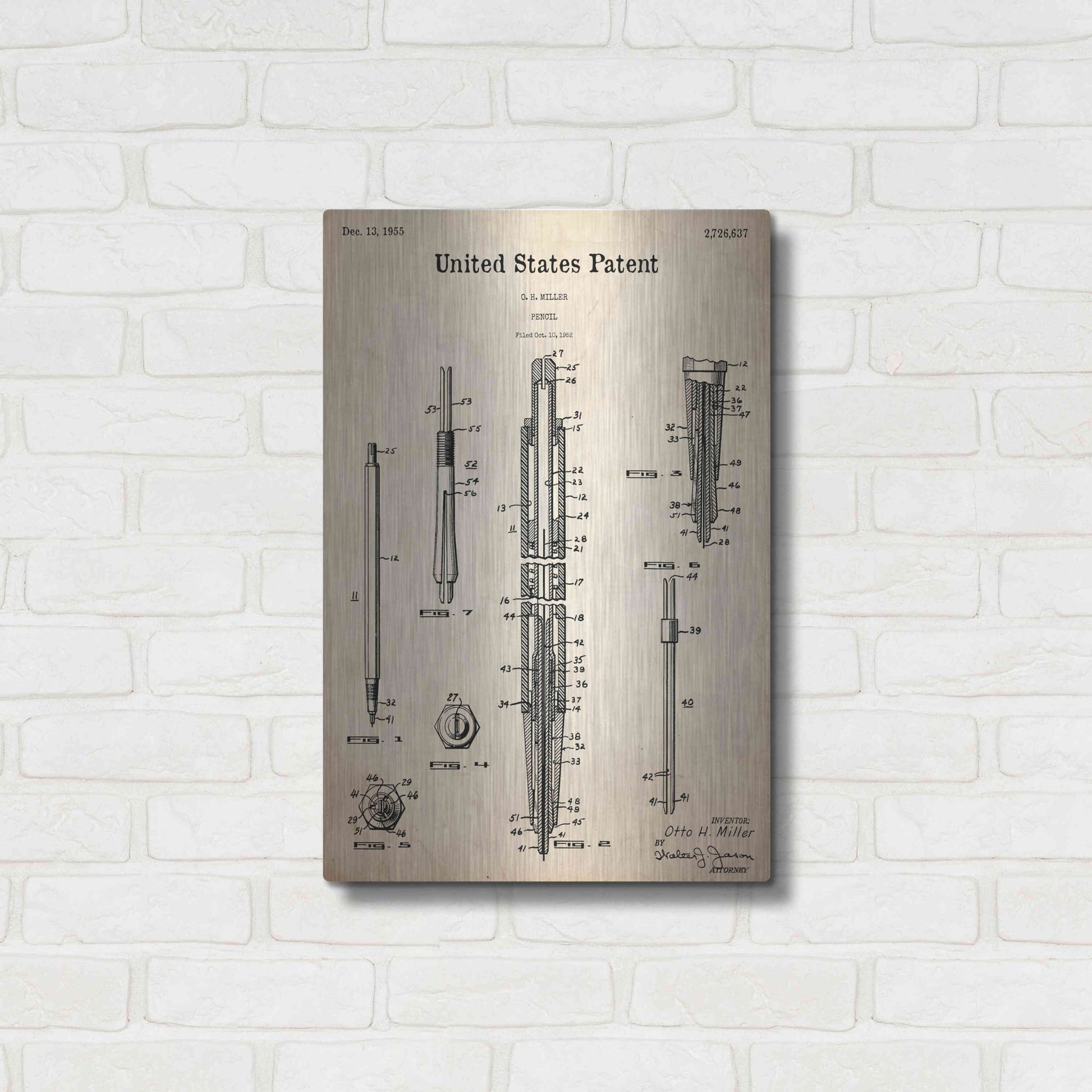 Luxe Metal Art 'Mechanical Pencil Blueprint Patent Parchment,' Metal Wall Art,16x24