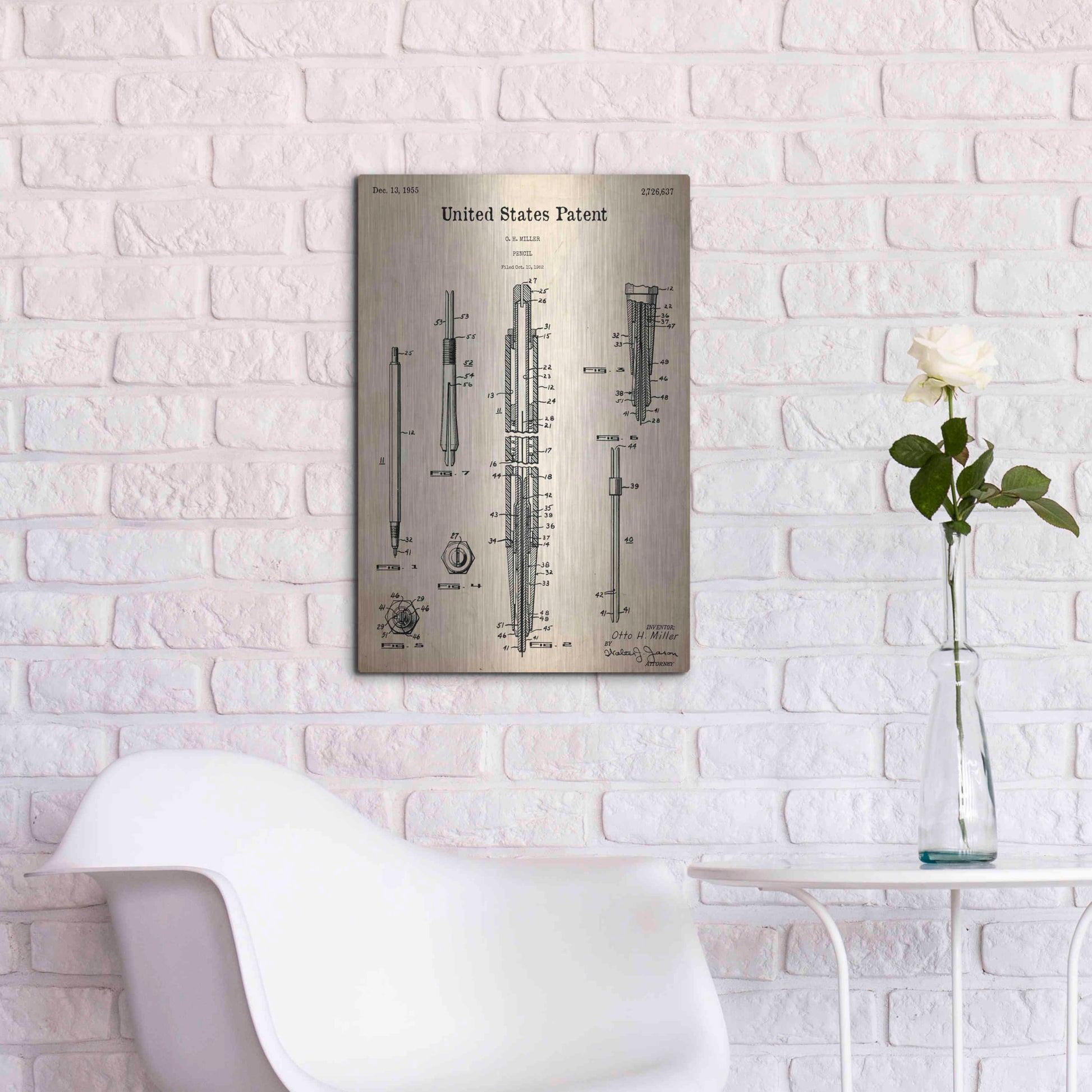 Luxe Metal Art 'Mechanical Pencil Blueprint Patent Parchment,' Metal Wall Art,16x24