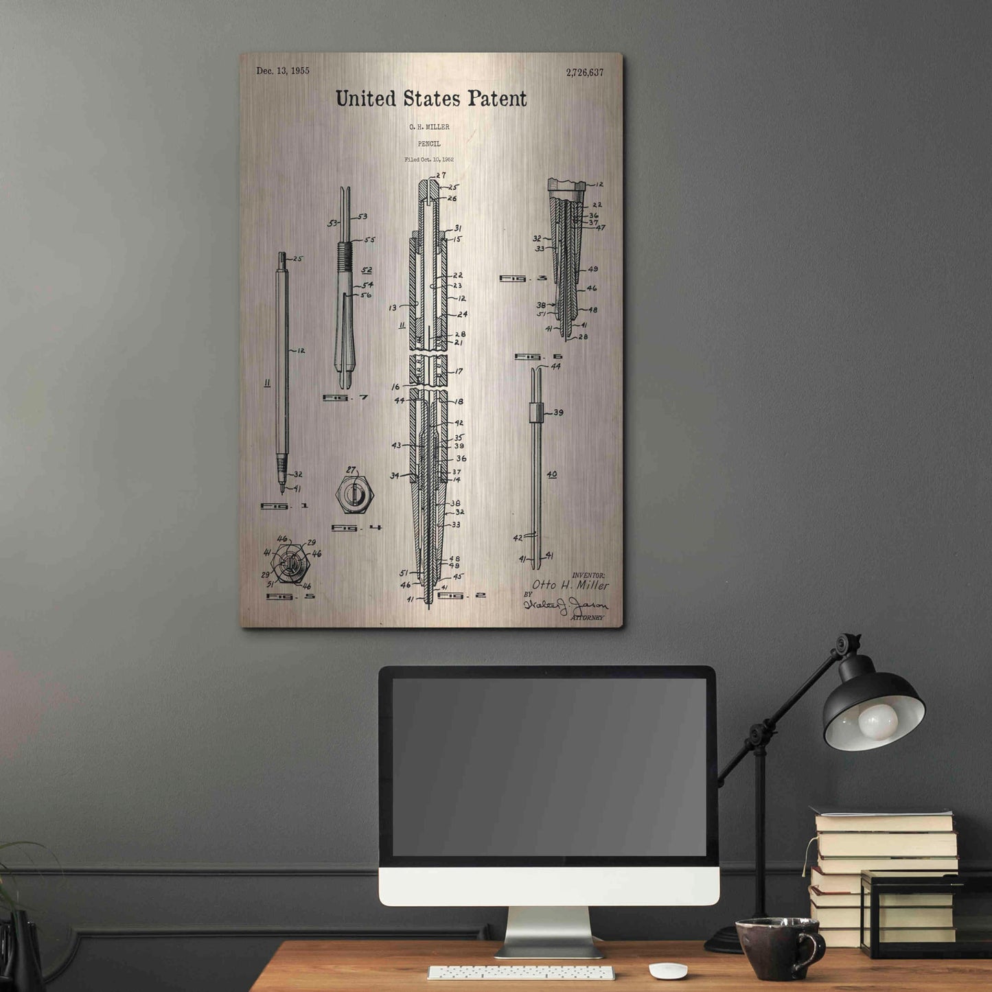 Luxe Metal Art 'Mechanical Pencil Blueprint Patent Parchment,' Metal Wall Art,24x36