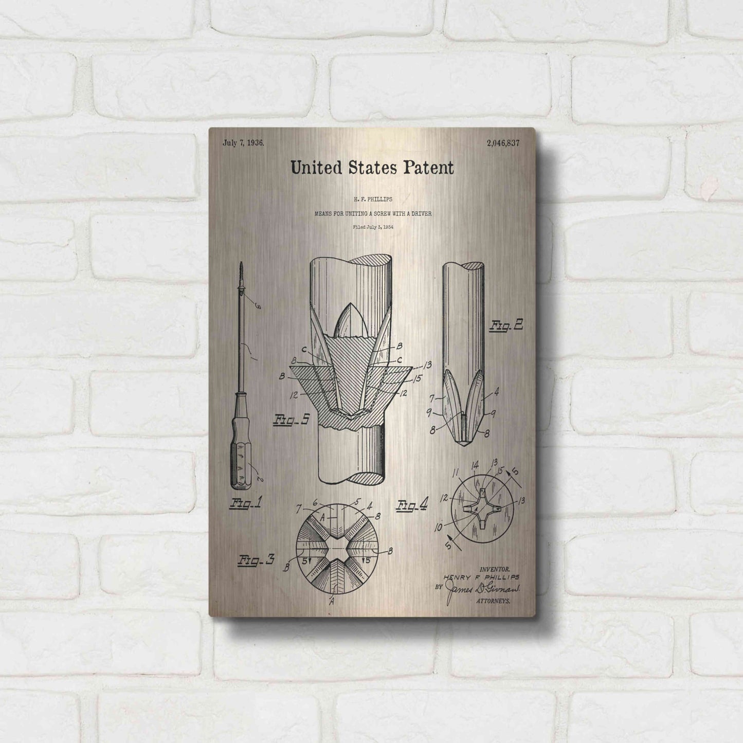 Luxe Metal Art 'Screw Driver Blueprint Patent Parchment,' Metal Wall Art,12x16