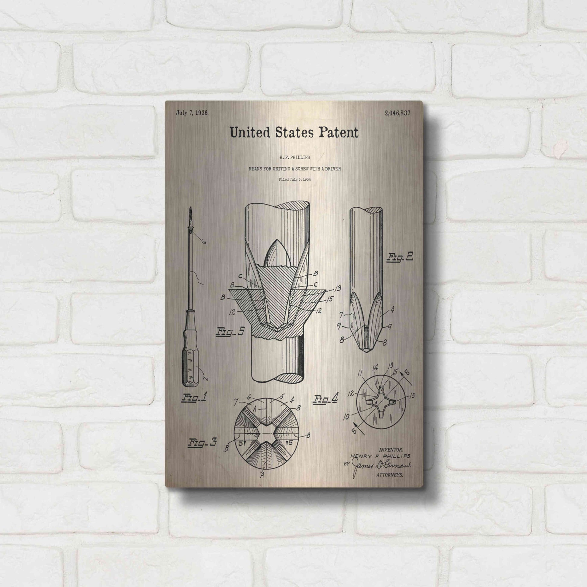 Luxe Metal Art 'Screw Driver Blueprint Patent Parchment,' Metal Wall Art,12x16